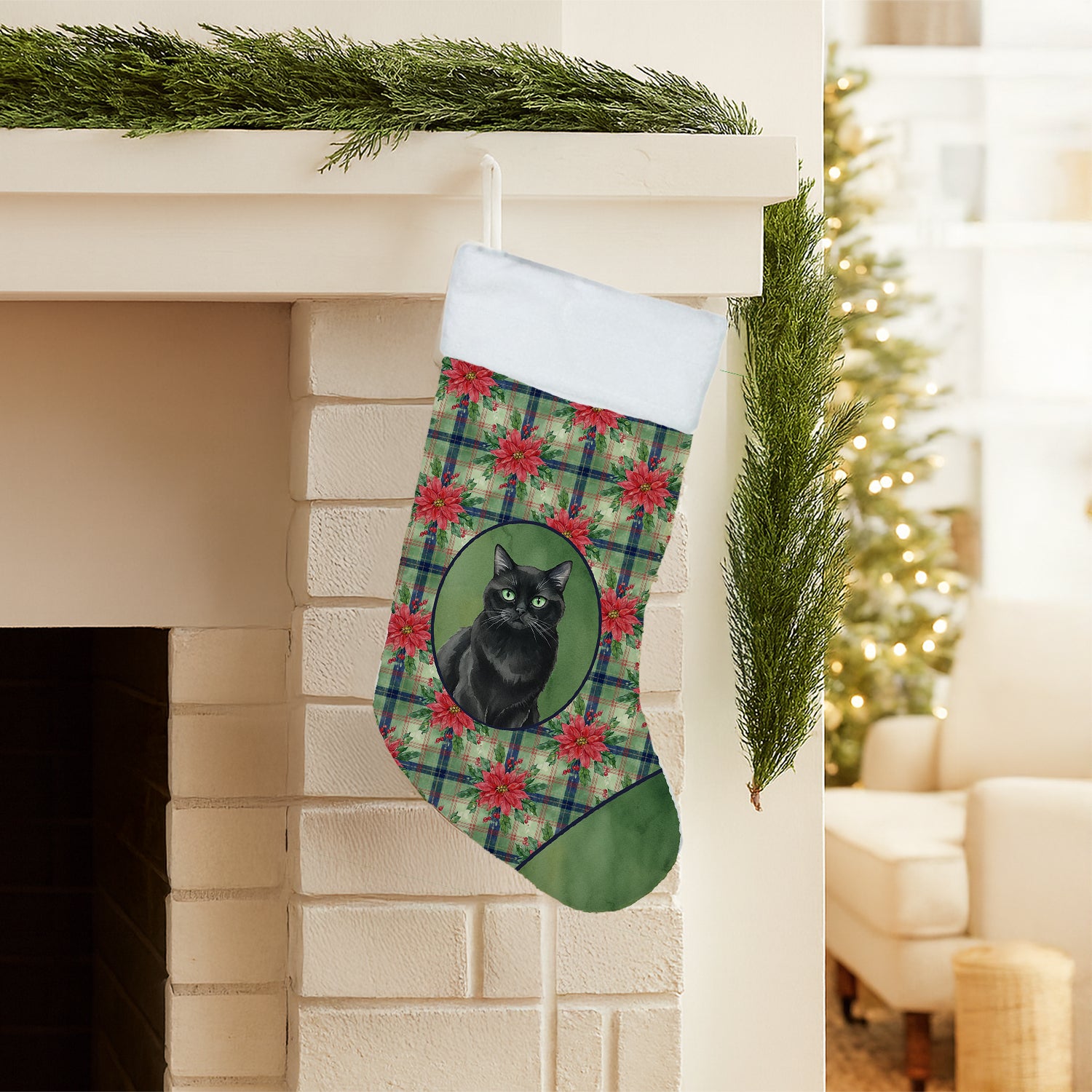 Caroline's Treasures Persian Black Cat with Poinsettias Holiday Stocking