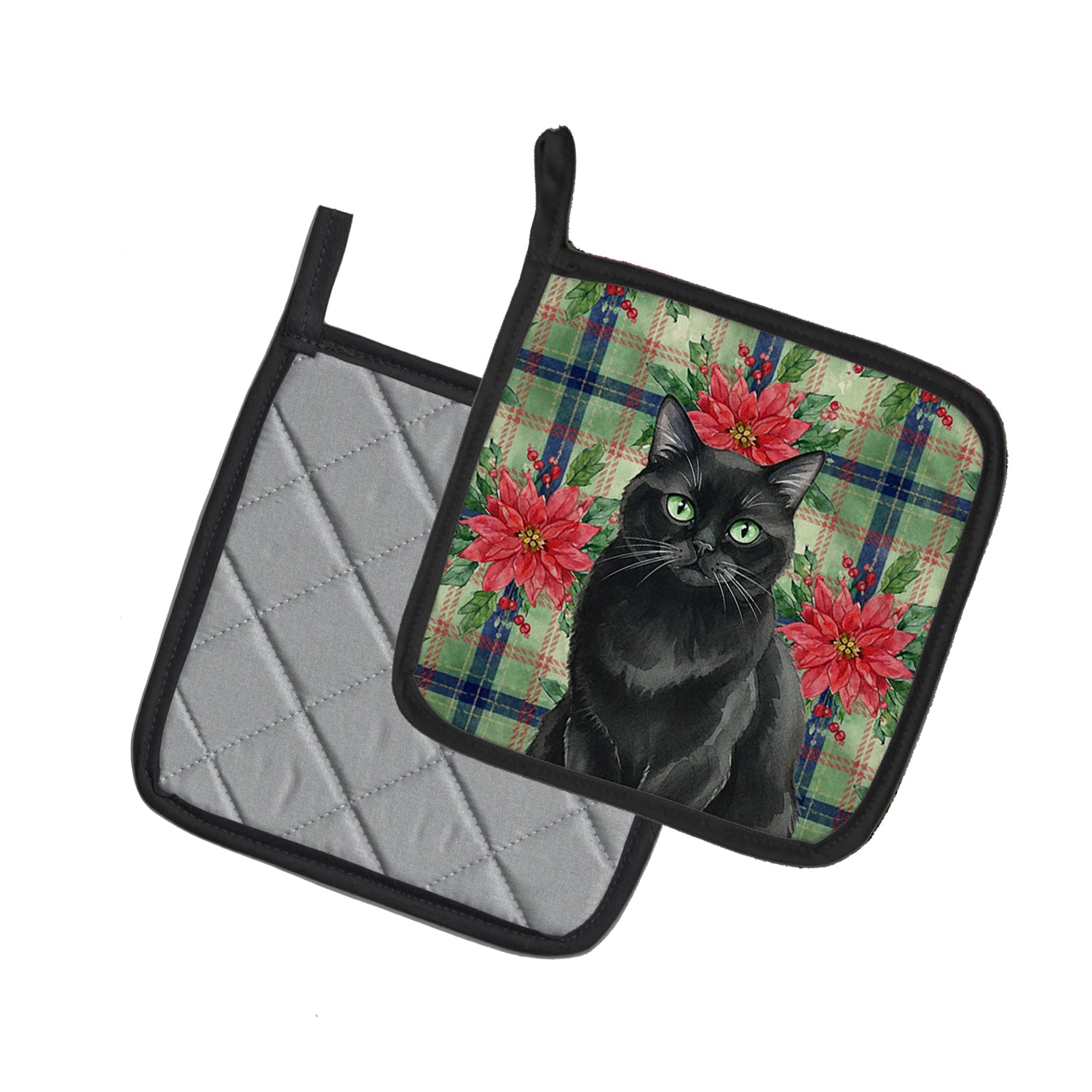 Caroline's Treasures Persian Black Cat with Poinsettias Pair of Pot Holders