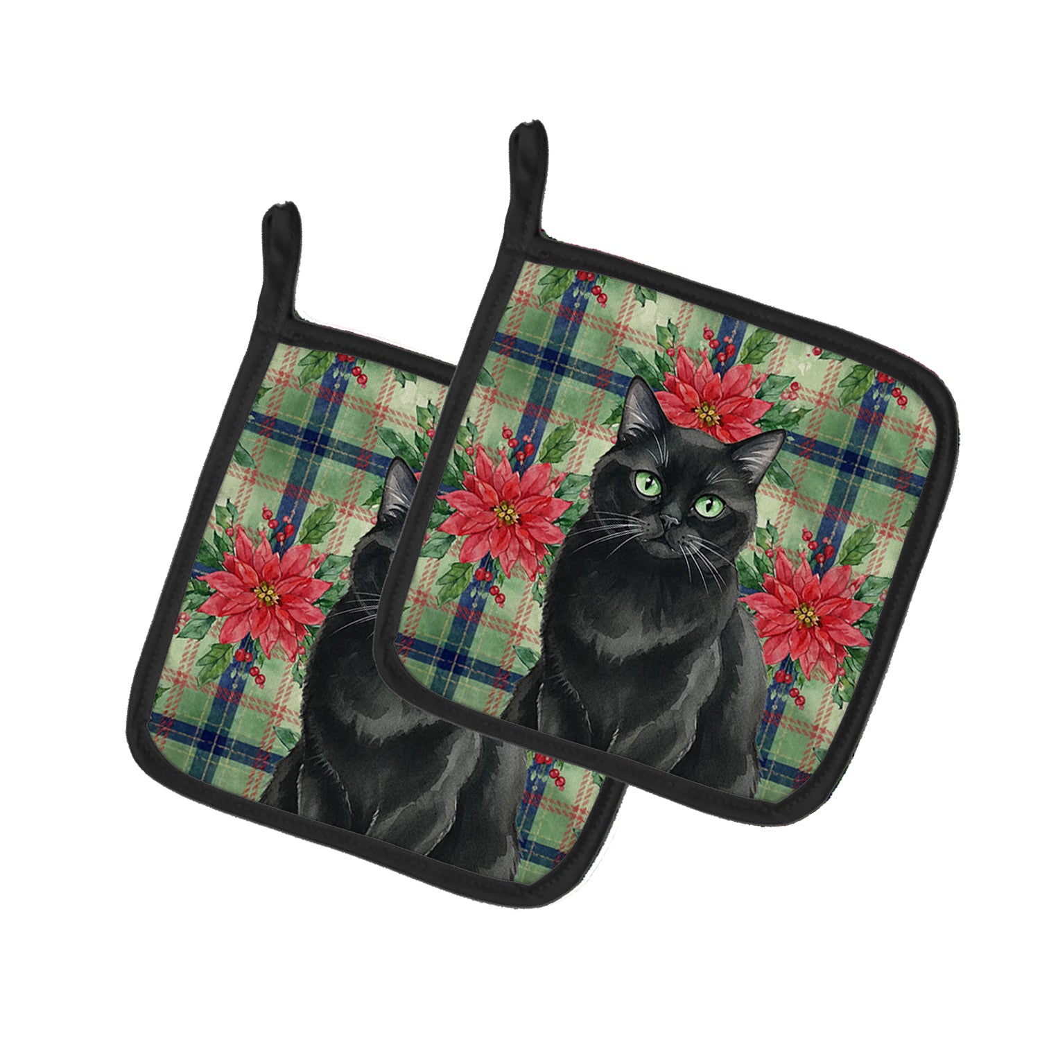 Caroline's Treasures Persian Black Cat with Poinsettias Pair of Pot Holders