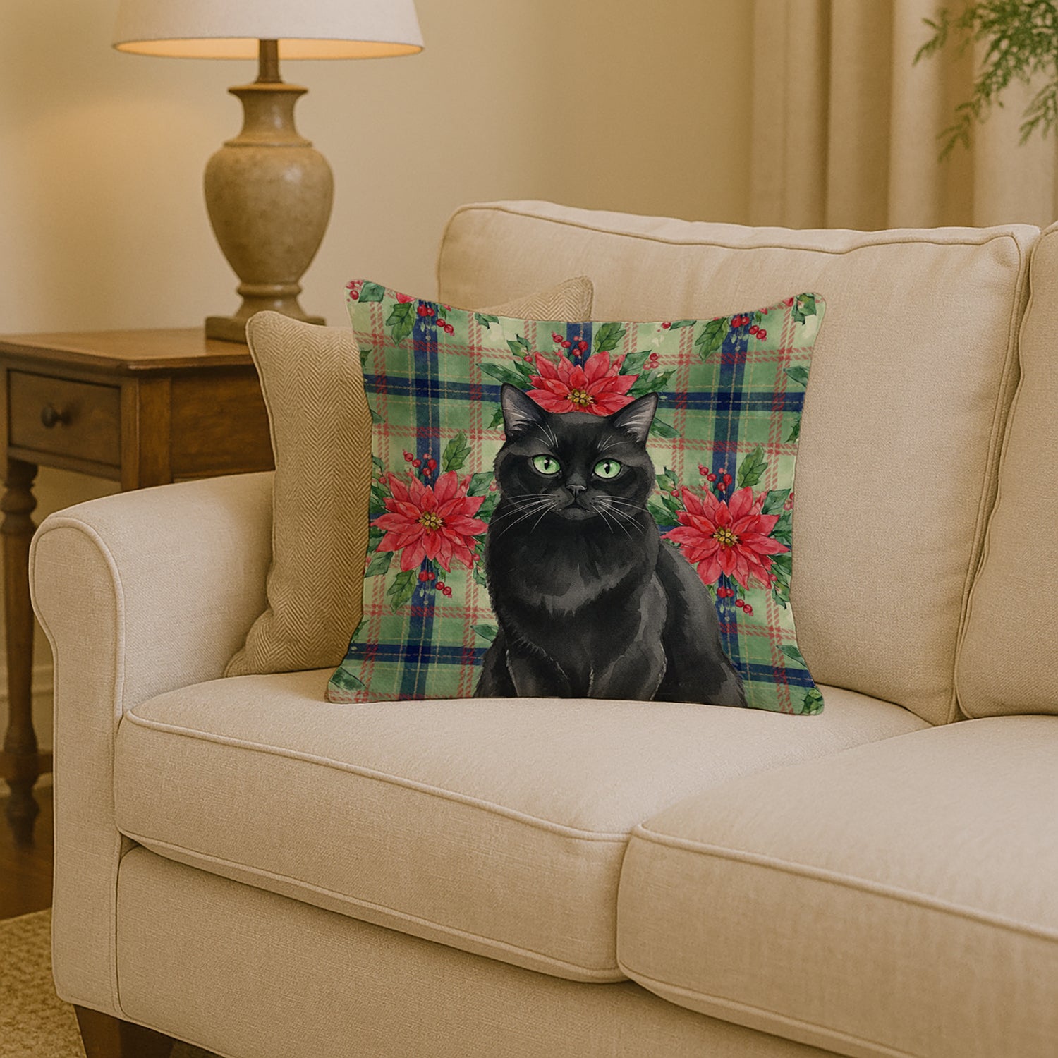 Caroline's Treasures Persian Black Cat with Poinsettias Throw Pillow