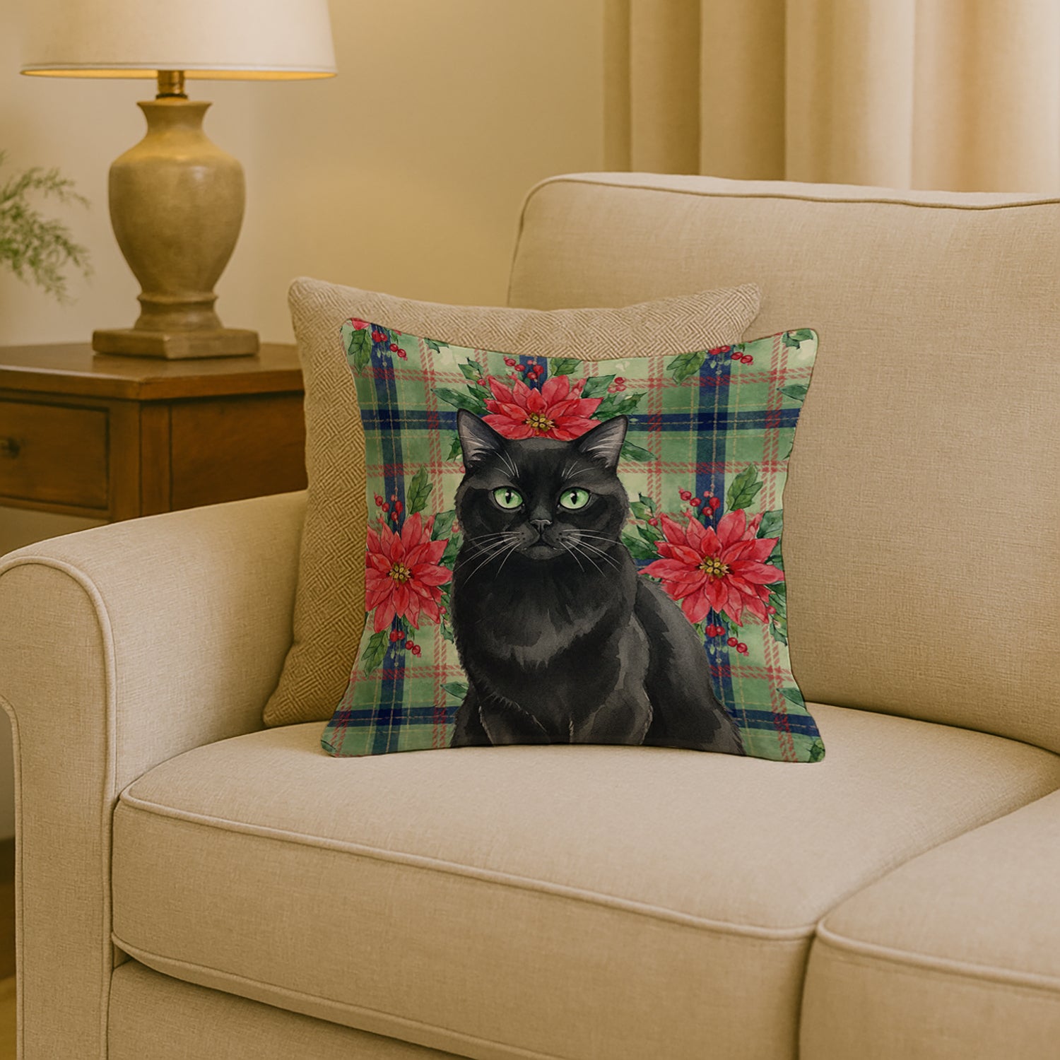 Caroline's Treasures Persian Black Cat with Poinsettias Throw Pillow
