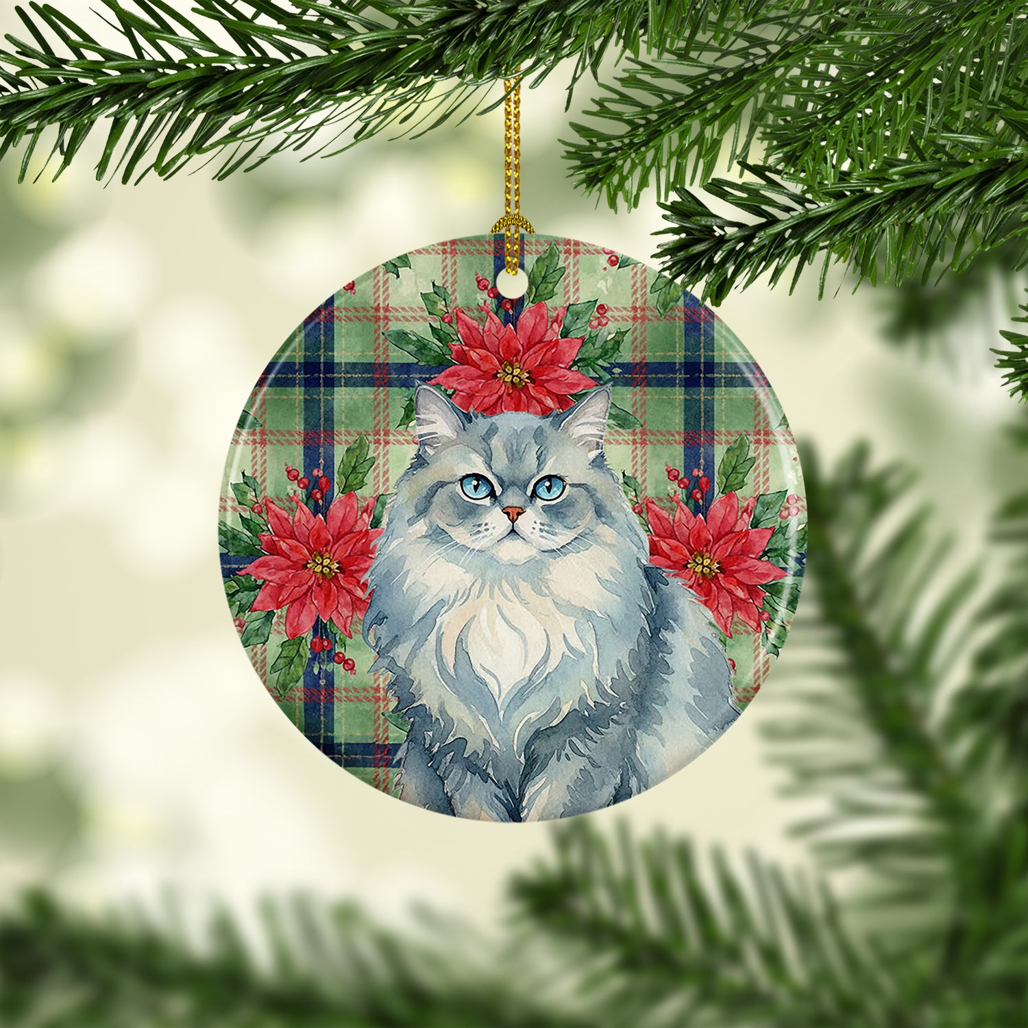 Caroline's Treasures Persian Blue Cat with Poinsettias Ceramic Ornament