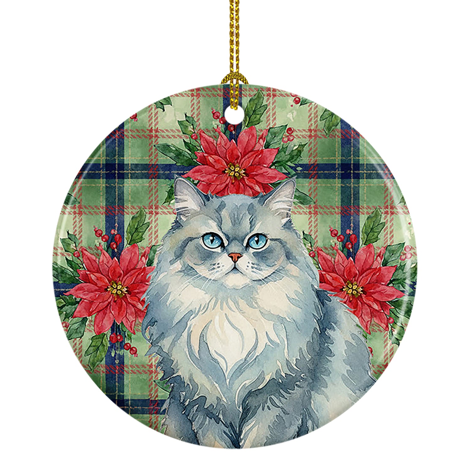 Caroline's Treasures Persian Blue Cat with Poinsettias Ceramic Ornament