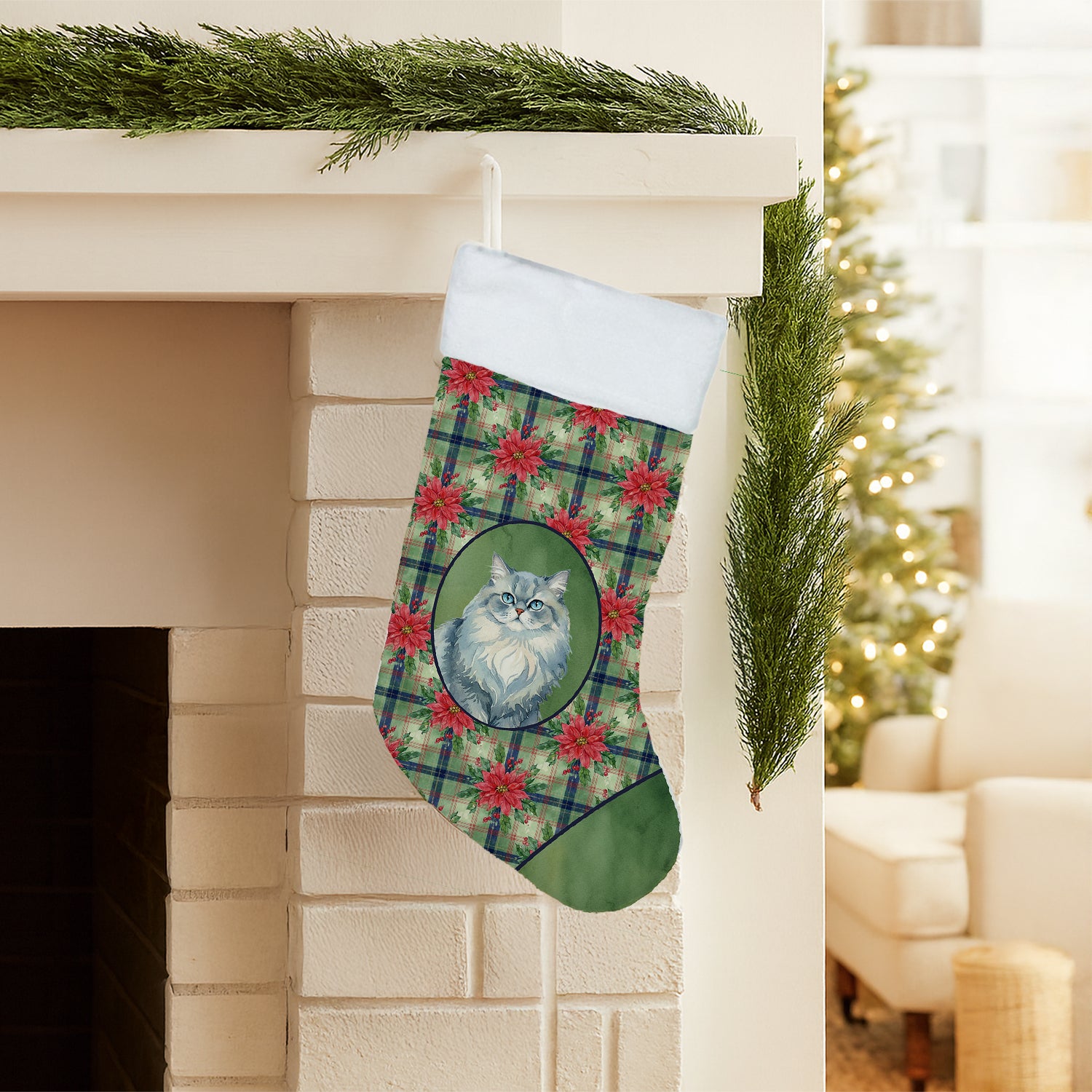 Caroline's Treasures Persian Blue Cat with Poinsettias Holiday Stocking