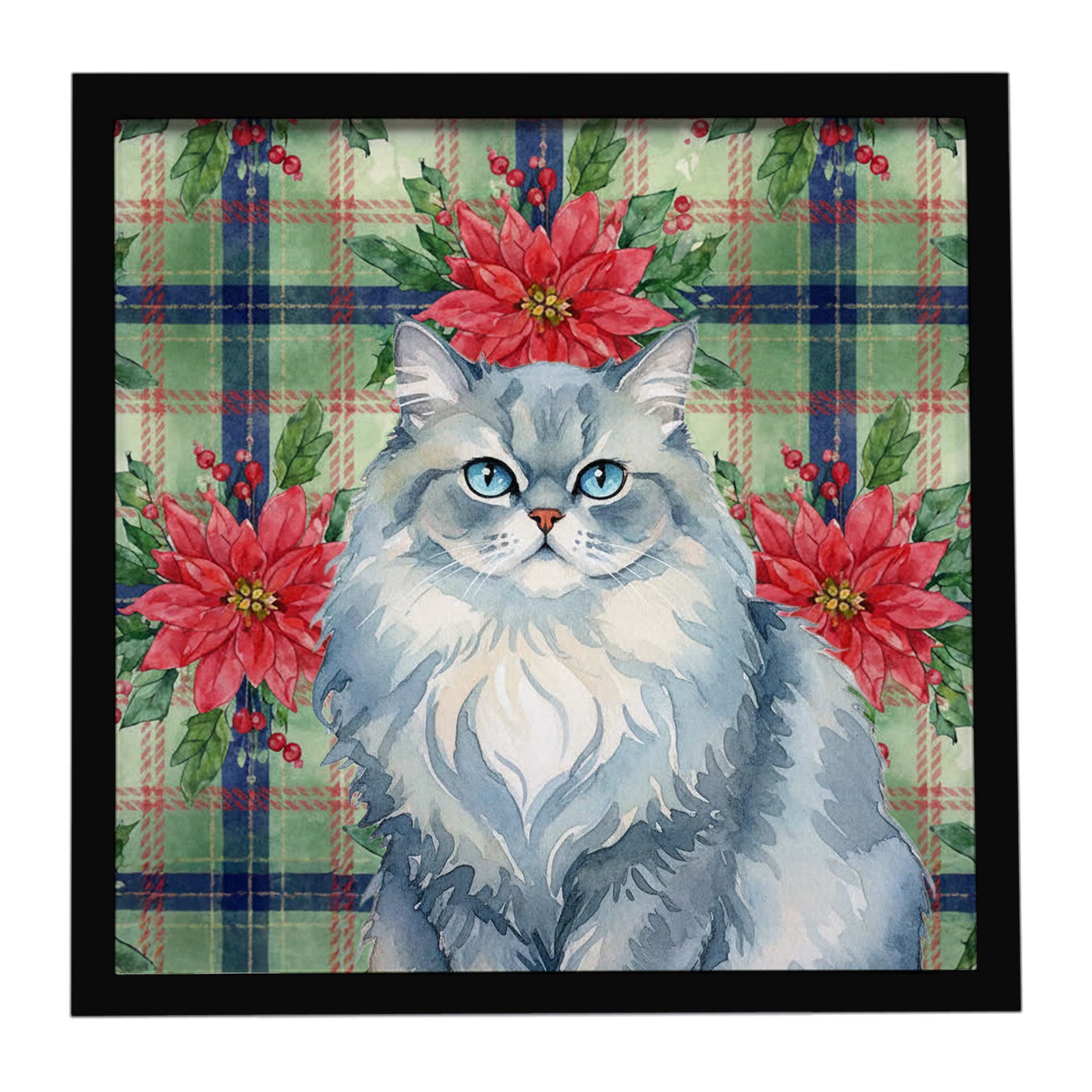 Caroline's Treasures Persian Blue Cat with Poinsettias Framed Metal Print