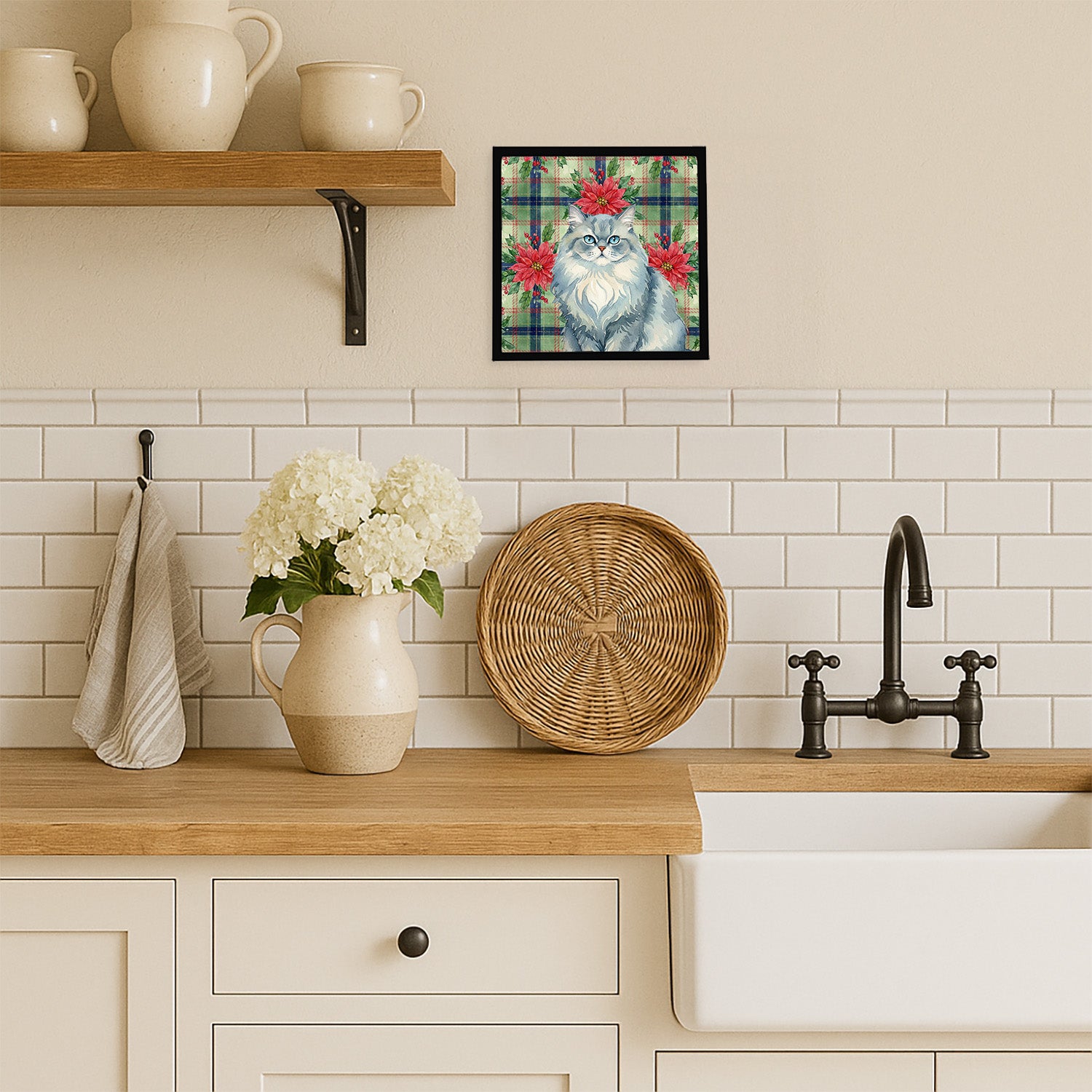 Caroline's Treasures Persian Blue Cat with Poinsettias Framed Metal Print