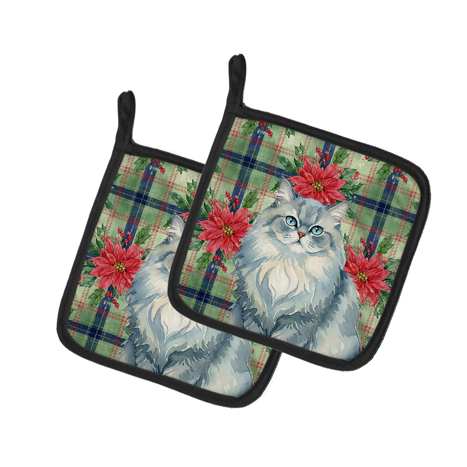 Caroline's Treasures Persian Blue Cat with Poinsettias Pair of Pot Holders