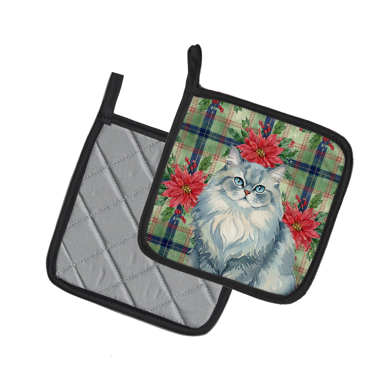 Caroline's Treasures Persian Blue Cat with Poinsettias Pair of Pot Holders