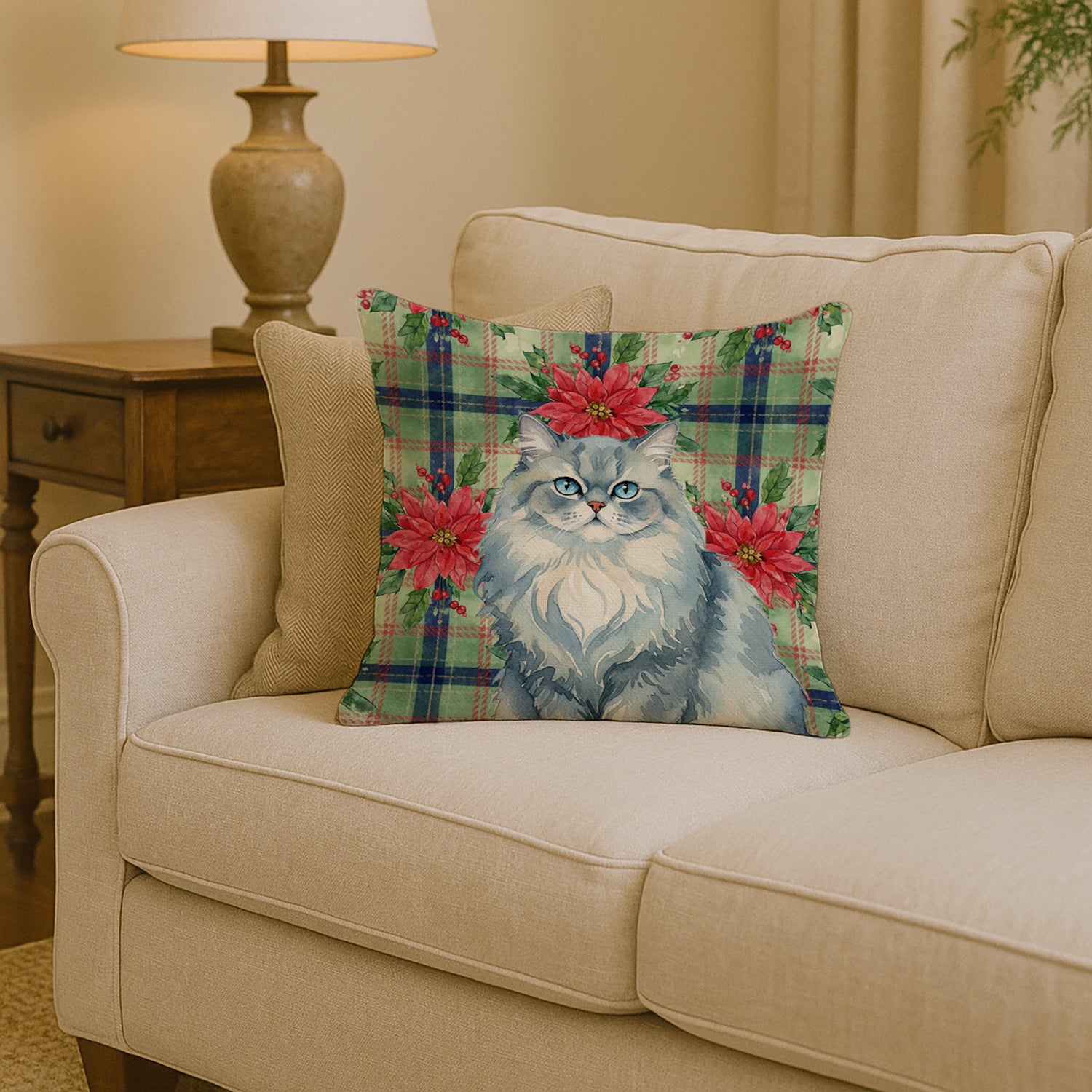 Caroline's Treasures Persian Blue Cat with Poinsettias Throw Pillow