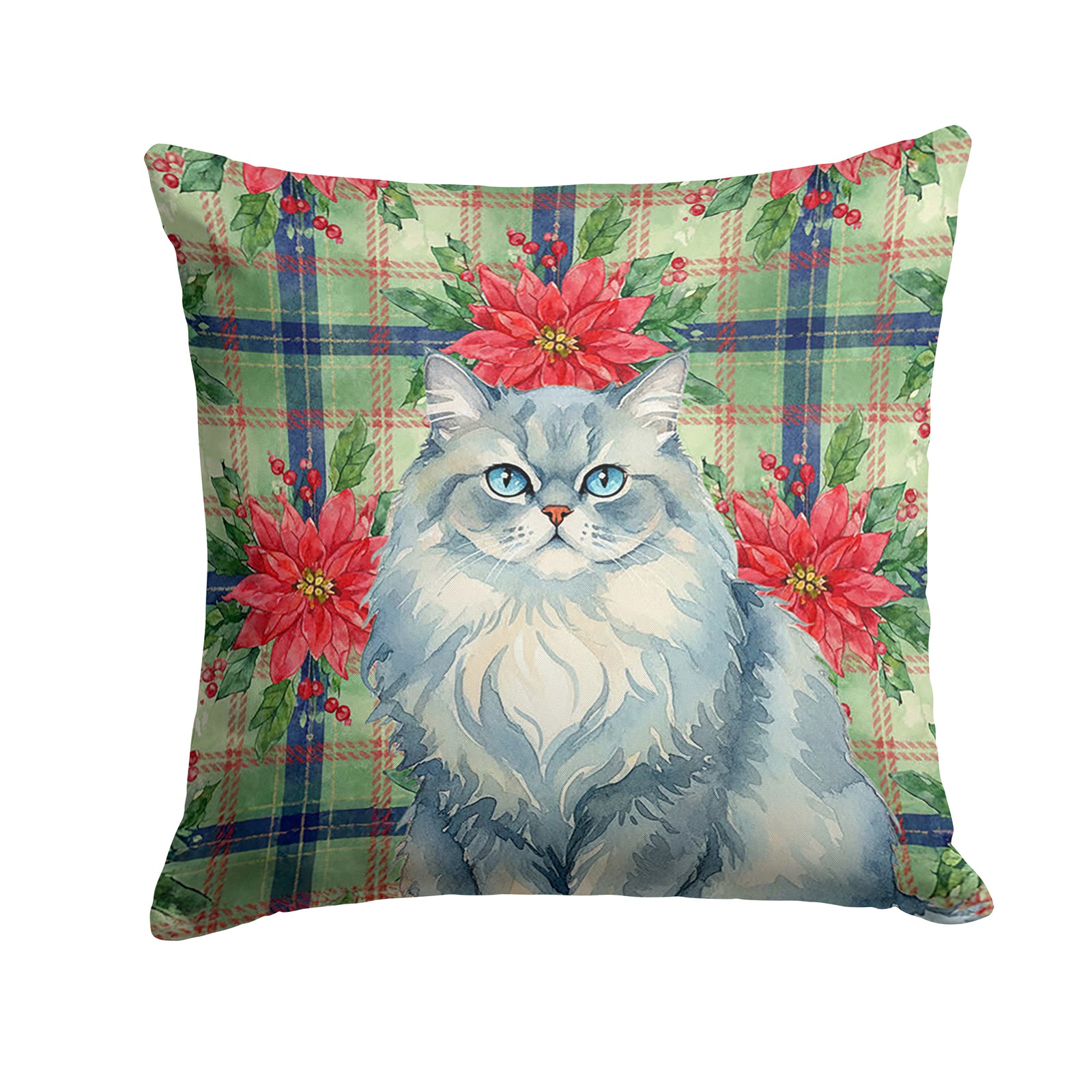 Caroline's Treasures Persian Blue Cat with Poinsettias Throw Pillow