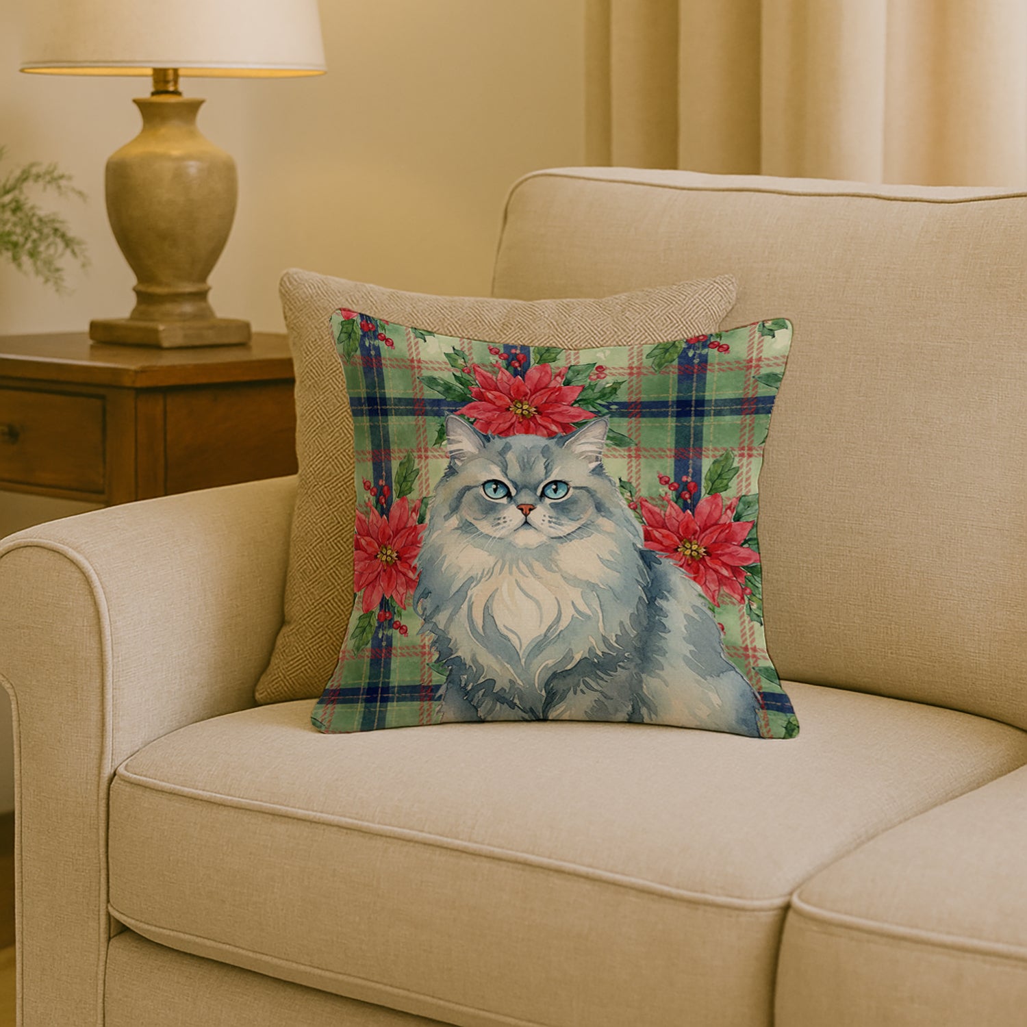 Caroline's Treasures Persian Blue Cat with Poinsettias Throw Pillow