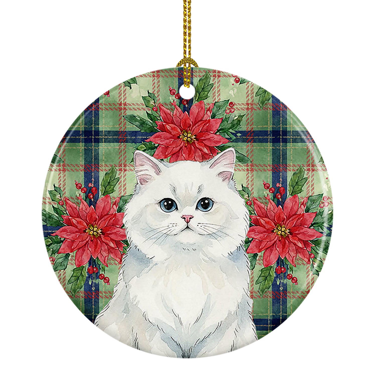 Caroline's Treasures Persian White Cat with Poinsettias Ceramic Ornament