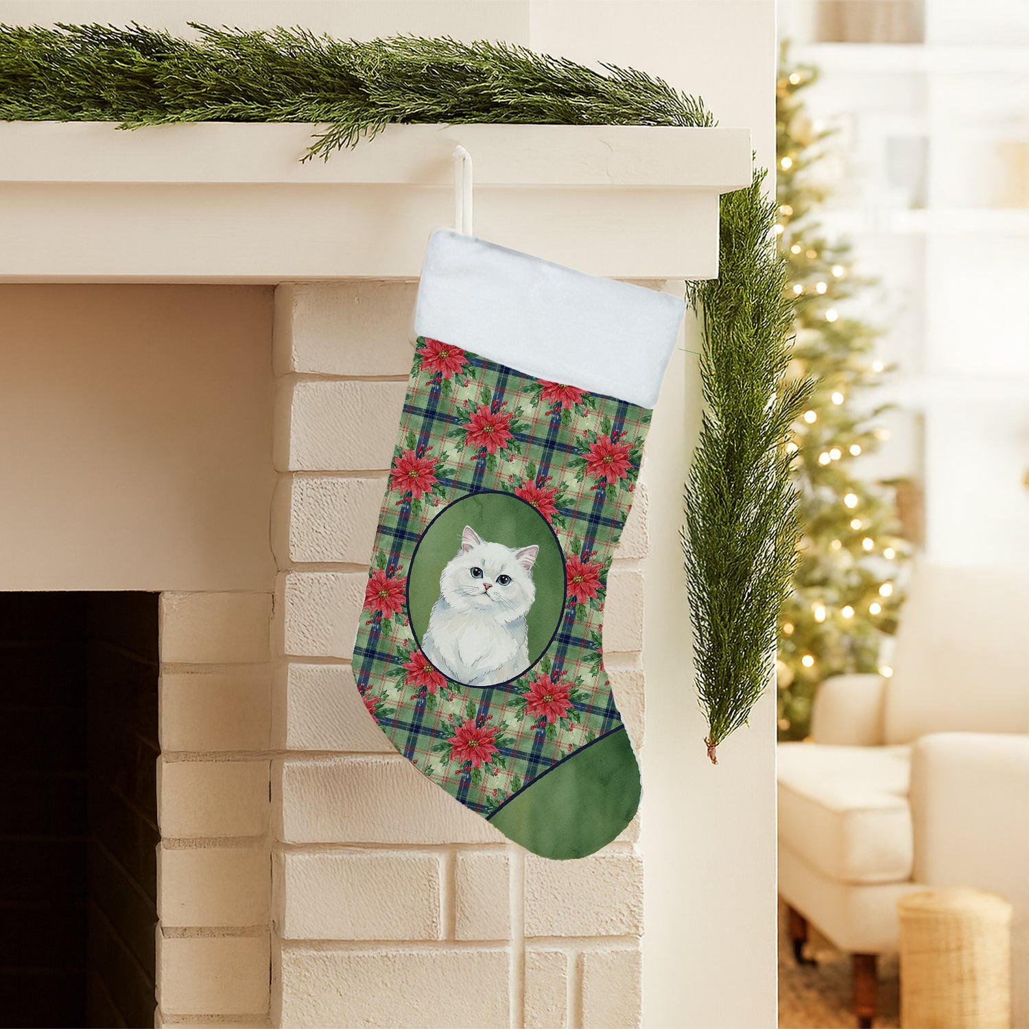 Caroline's Treasures Persian White Cat with Poinsettias Holiday Stocking