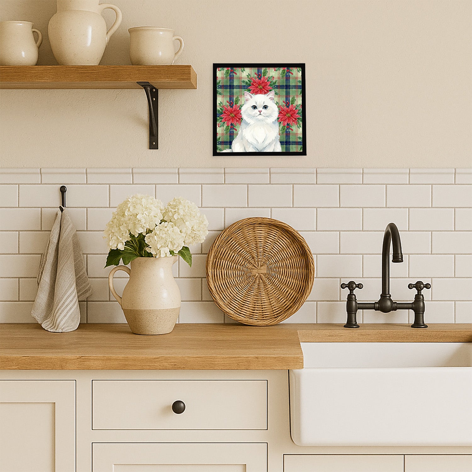 Caroline's Treasures Persian White Cat with Poinsettias Framed Metal Print