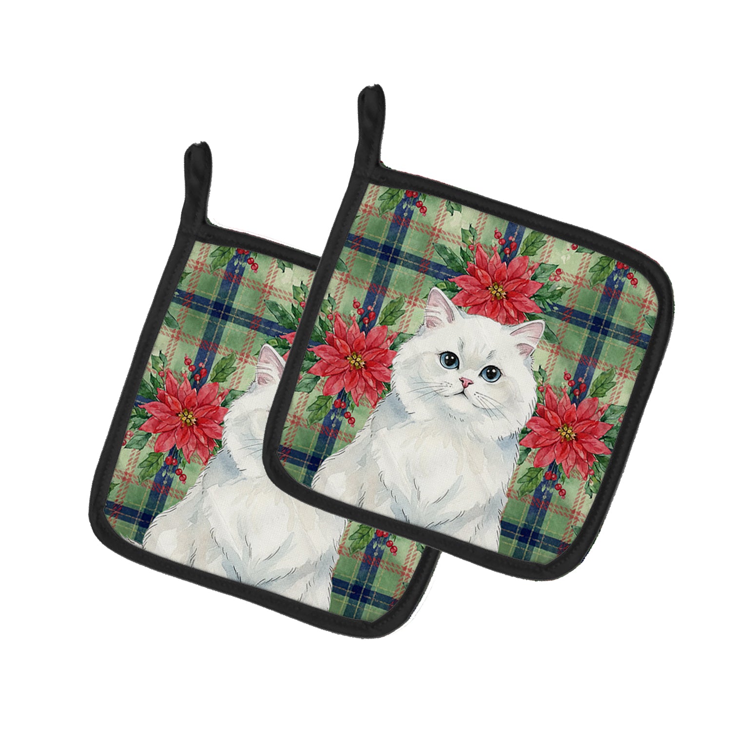 Caroline's Treasures Persian White Cat with Poinsettias Pair of Pot Holders