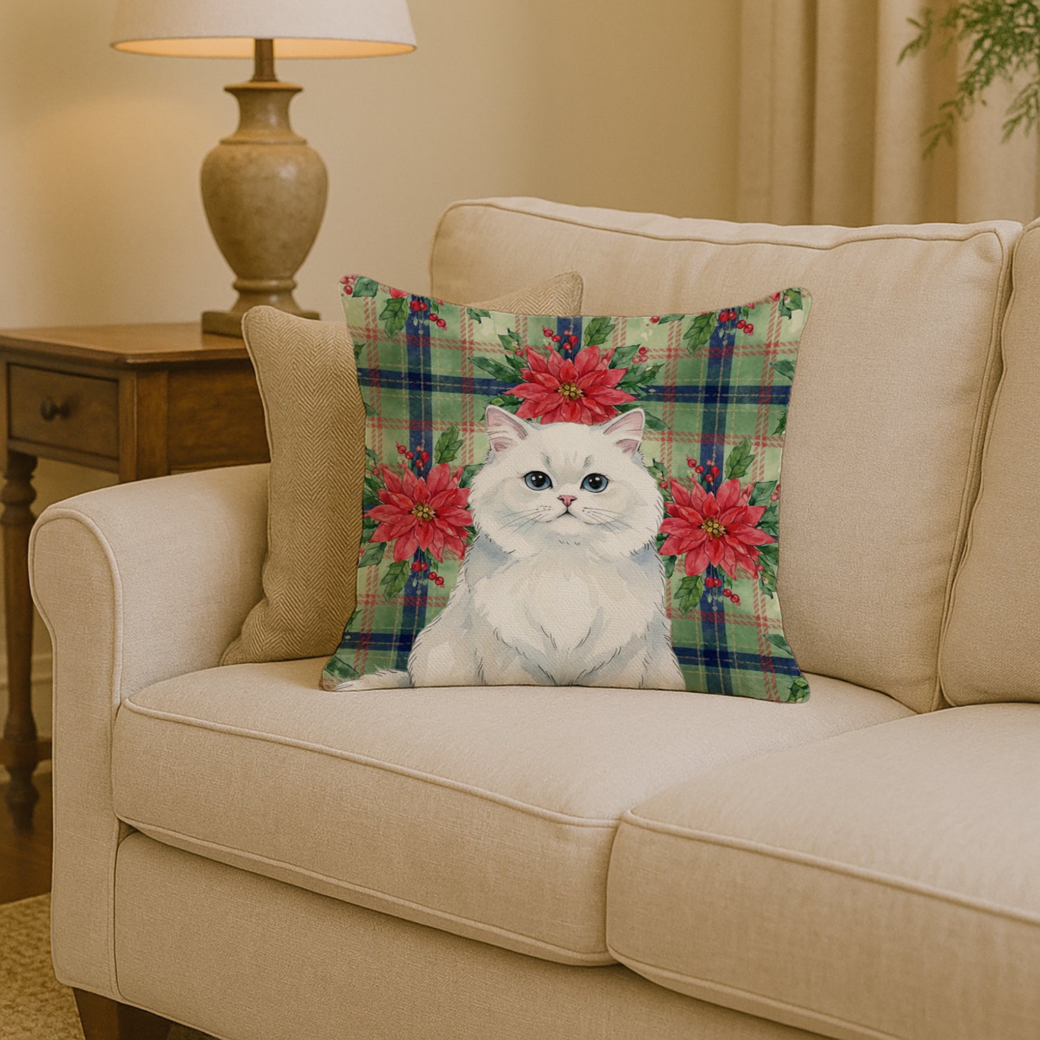 Caroline's Treasures Persian White Cat with Poinsettias Throw Pillow