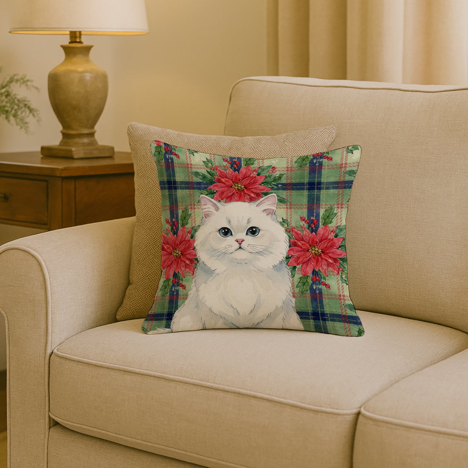 Caroline's Treasures Persian White Cat with Poinsettias Throw Pillow