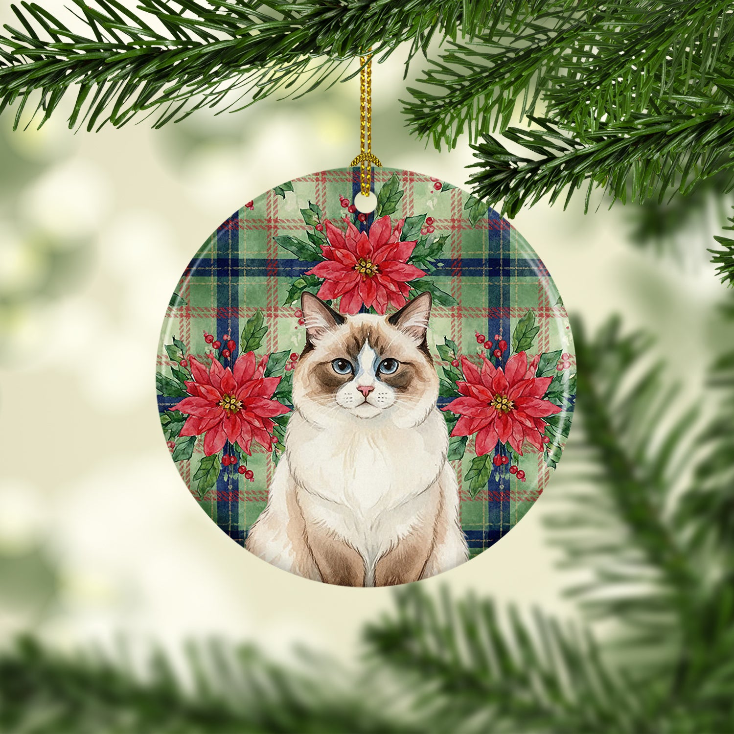 Caroline's Treasures Ragdoll Bicolor Cat with Poinsettias Ceramic Ornament