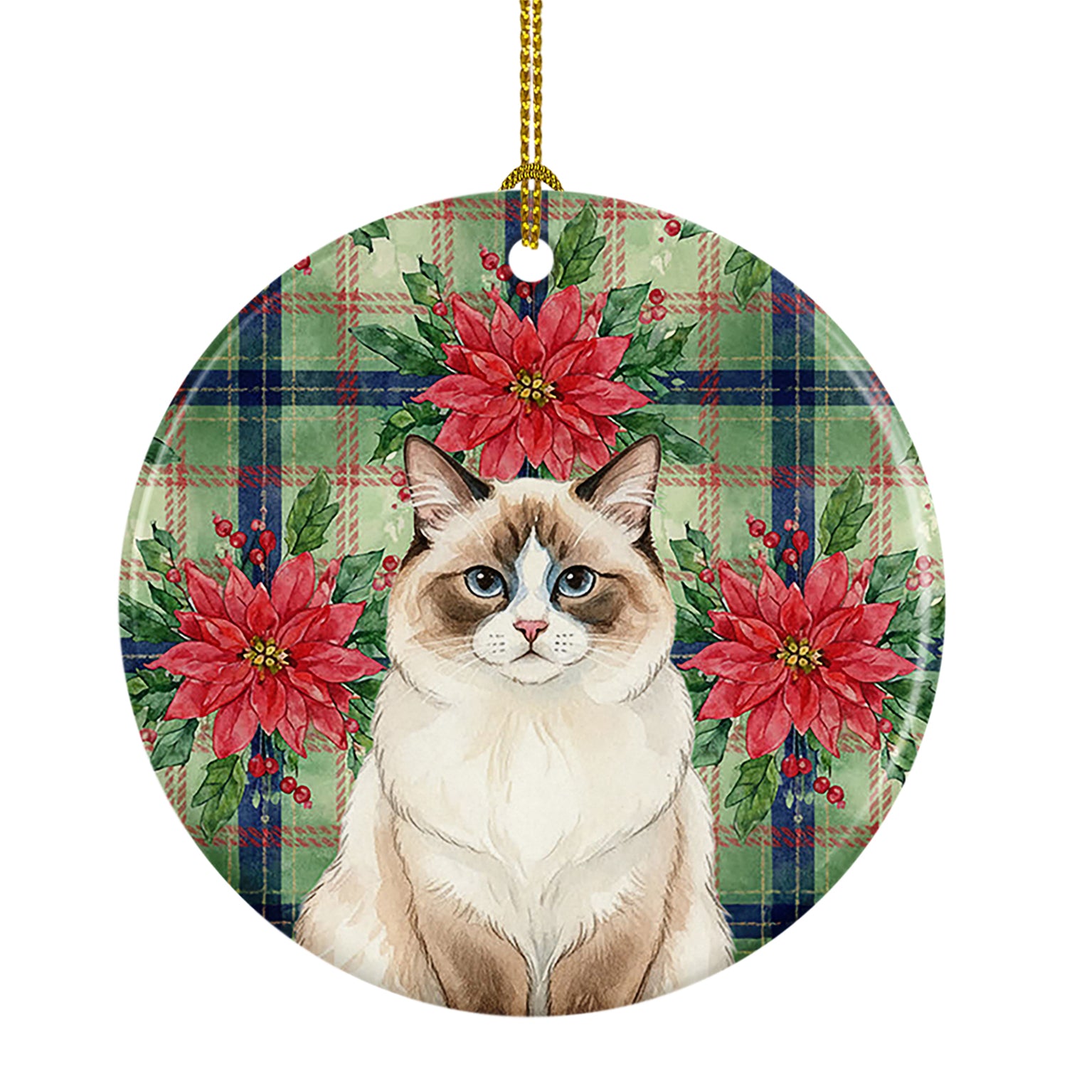 Caroline's Treasures Ragdoll Bicolor Cat with Poinsettias Ceramic Ornament