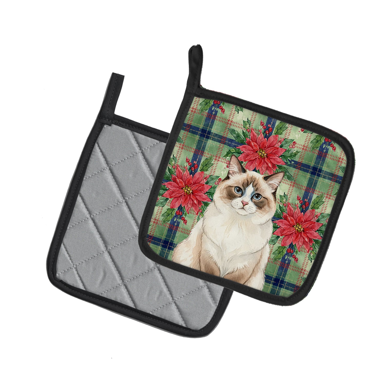 Caroline's Treasures Ragdoll Bicolor Cat with Poinsettias Pair of Pot Holders