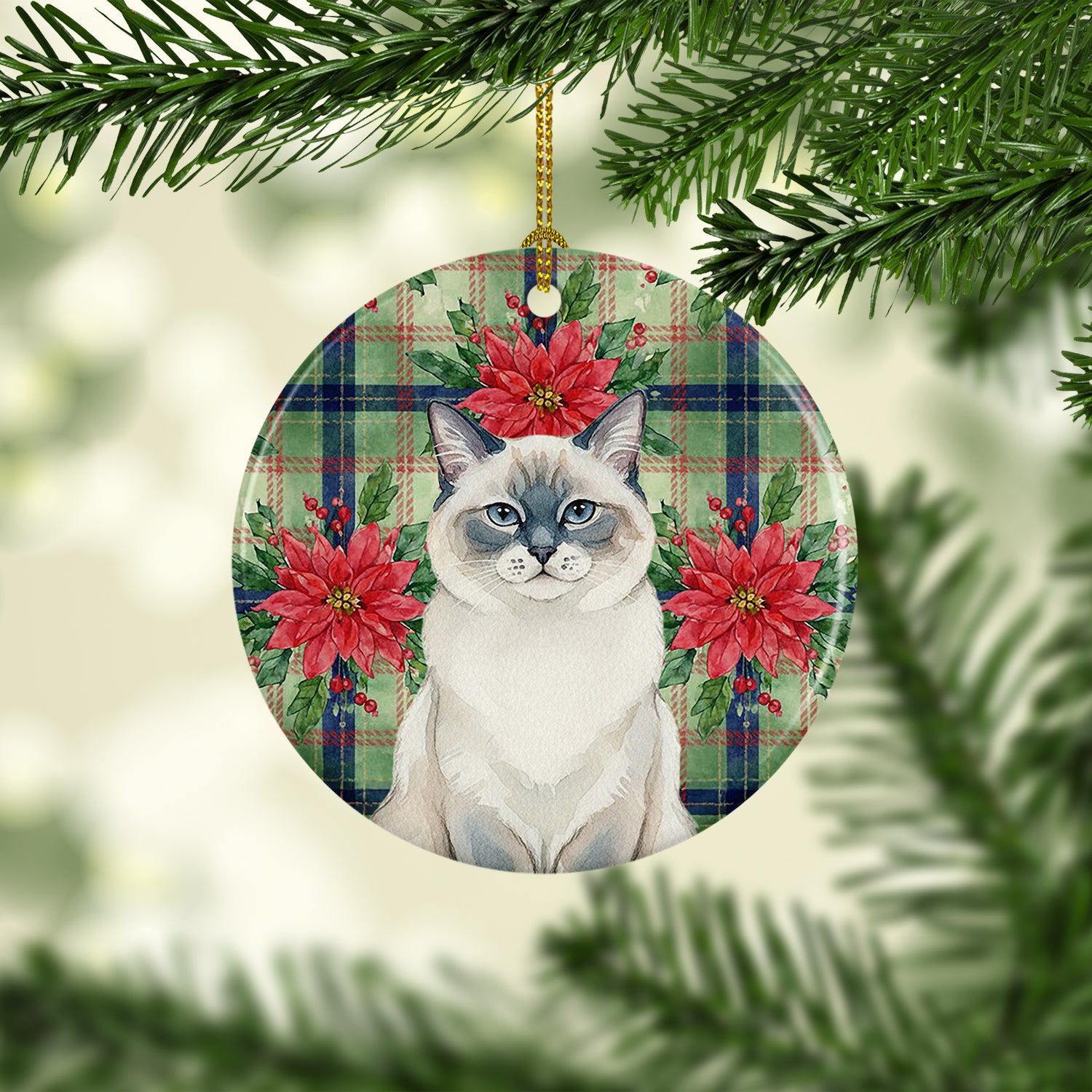 Caroline's Treasures Ragdoll Blue Point Cat with Poinsettias Ceramic Ornament