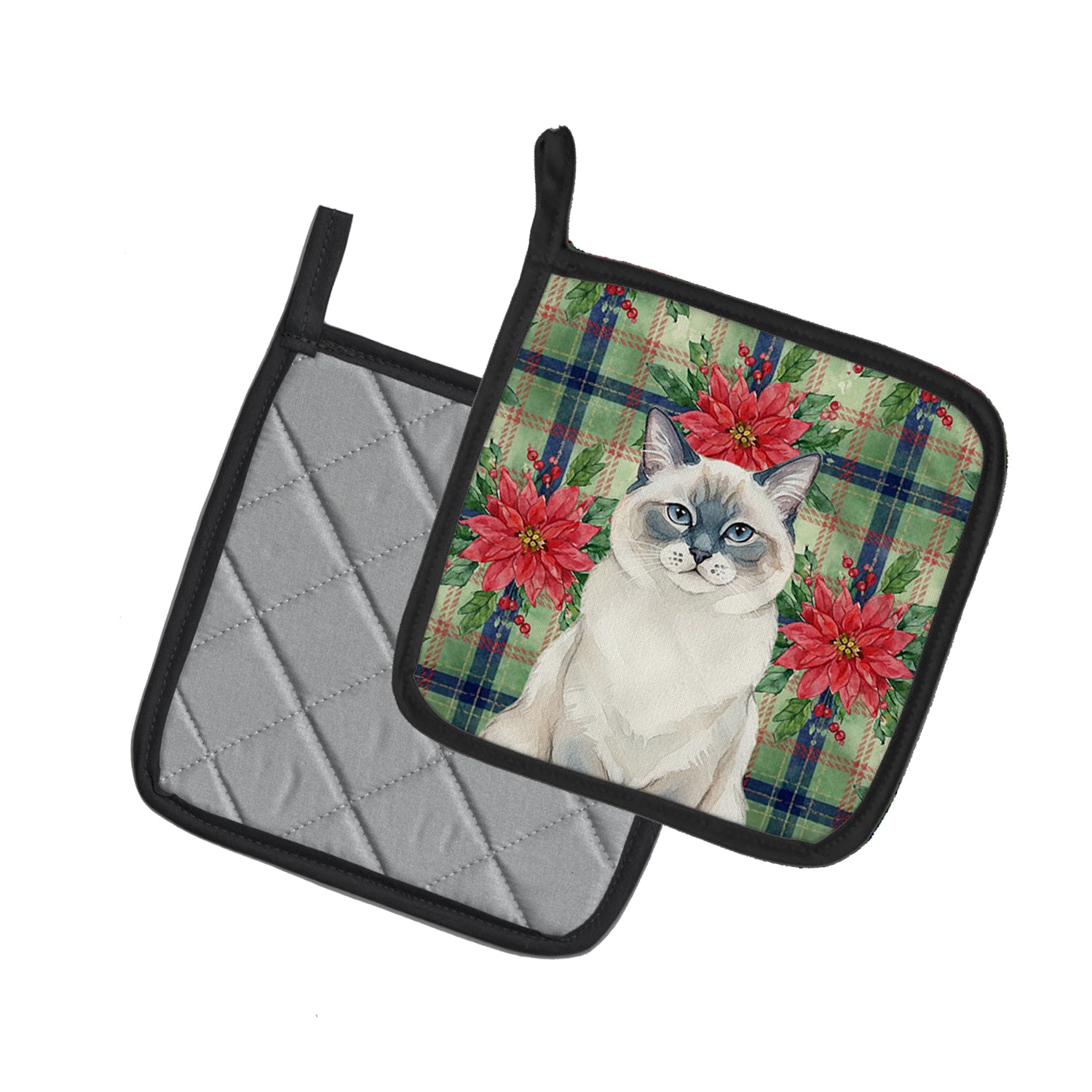 Caroline's Treasures Ragdoll Blue Point Cat with Poinsettias Pair of Pot Holders