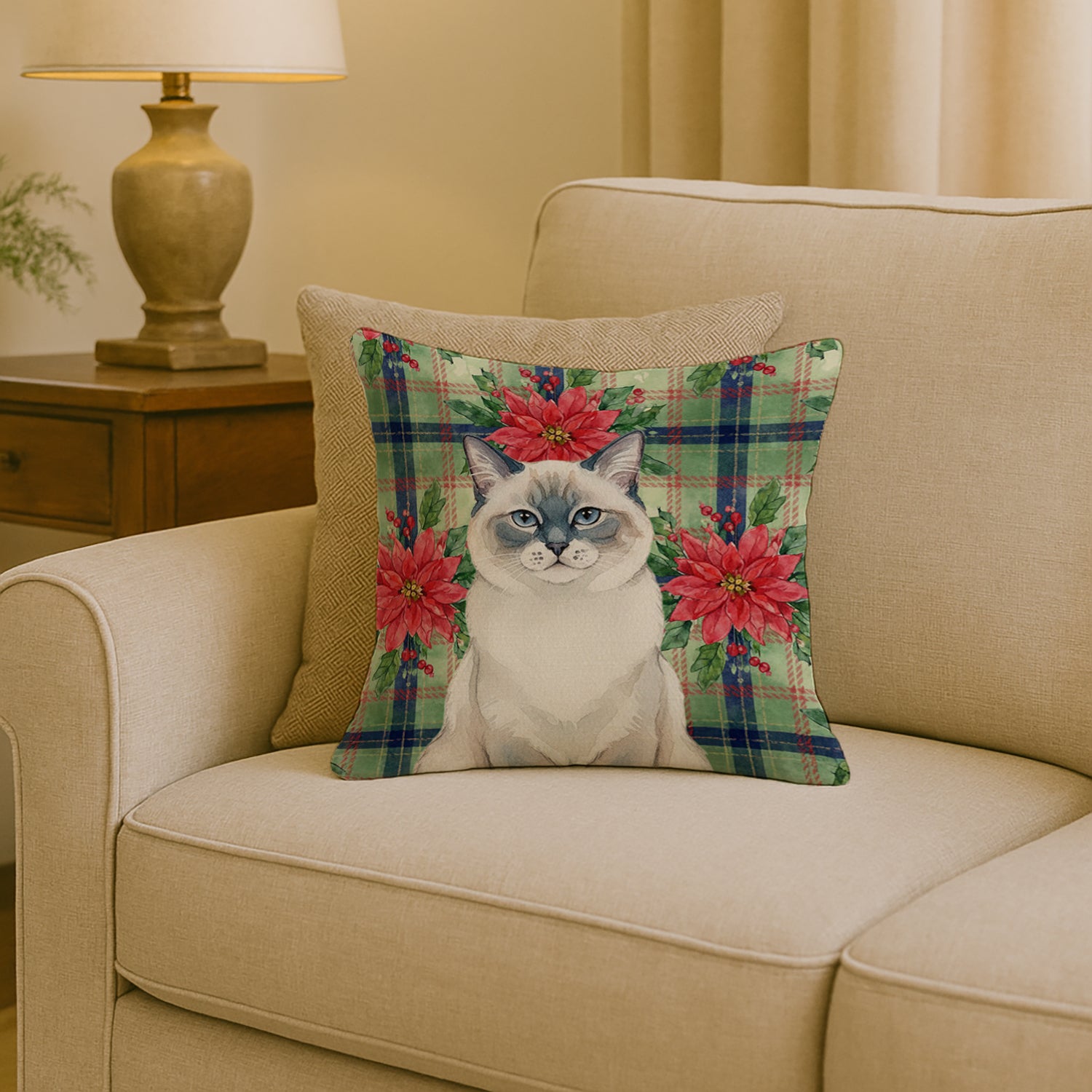 Caroline's Treasures Ragdoll Blue Point Cat with Poinsettias Throw Pillow