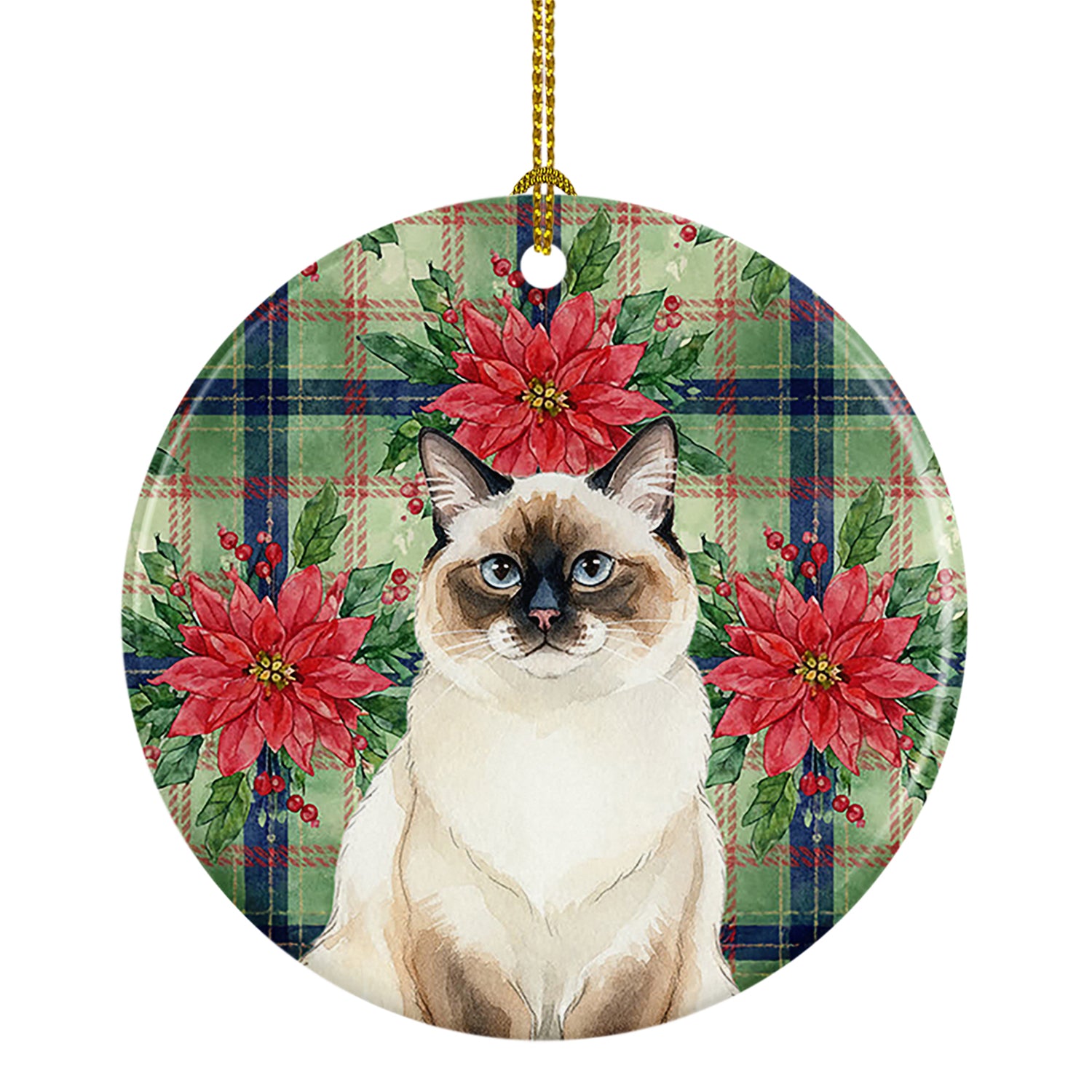 Caroline's Treasures Ragdoll Seal Point Cat with Poinsettias Ceramic Ornament