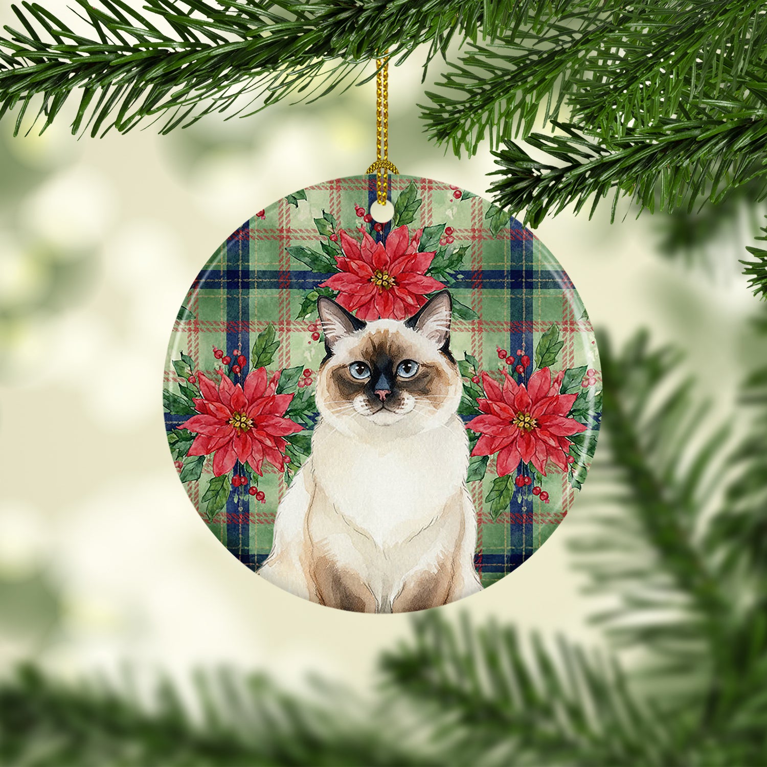 Caroline's Treasures Ragdoll Seal Point Cat with Poinsettias Ceramic Ornament