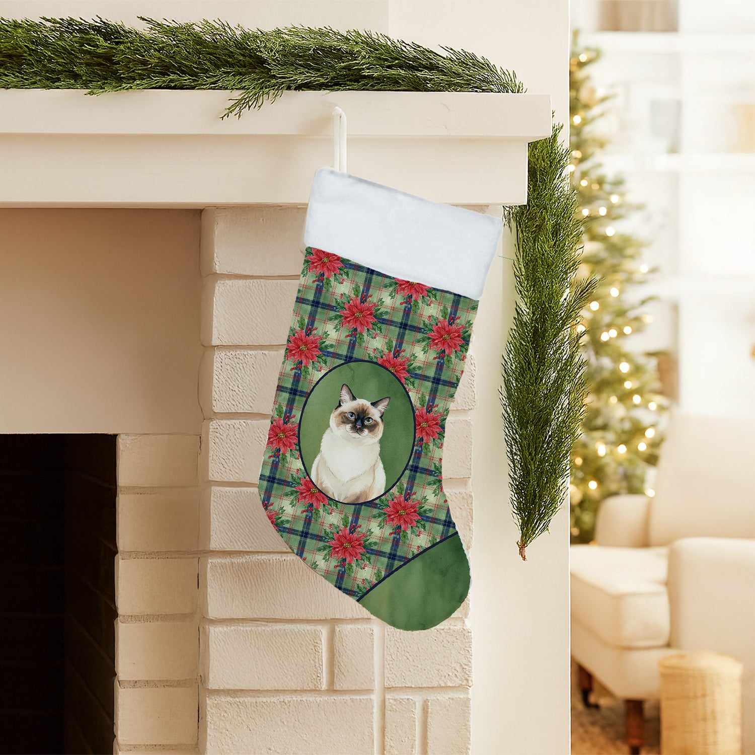 Caroline's Treasures Ragdoll Seal Point Cat with Poinsettias Holiday Stocking