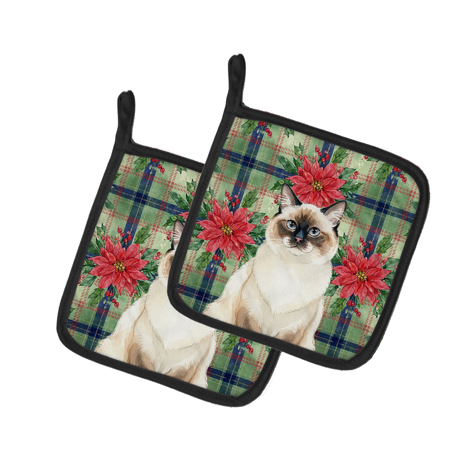 Caroline's Treasures Ragdoll Seal Point Cat with Poinsettias Pair of Pot Holders