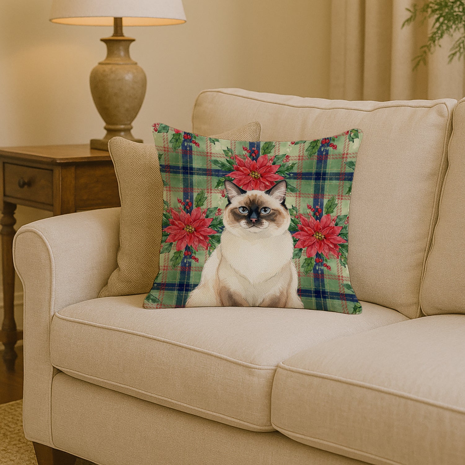 Caroline's Treasures Ragdoll Seal Point Cat with Poinsettias Throw Pillow