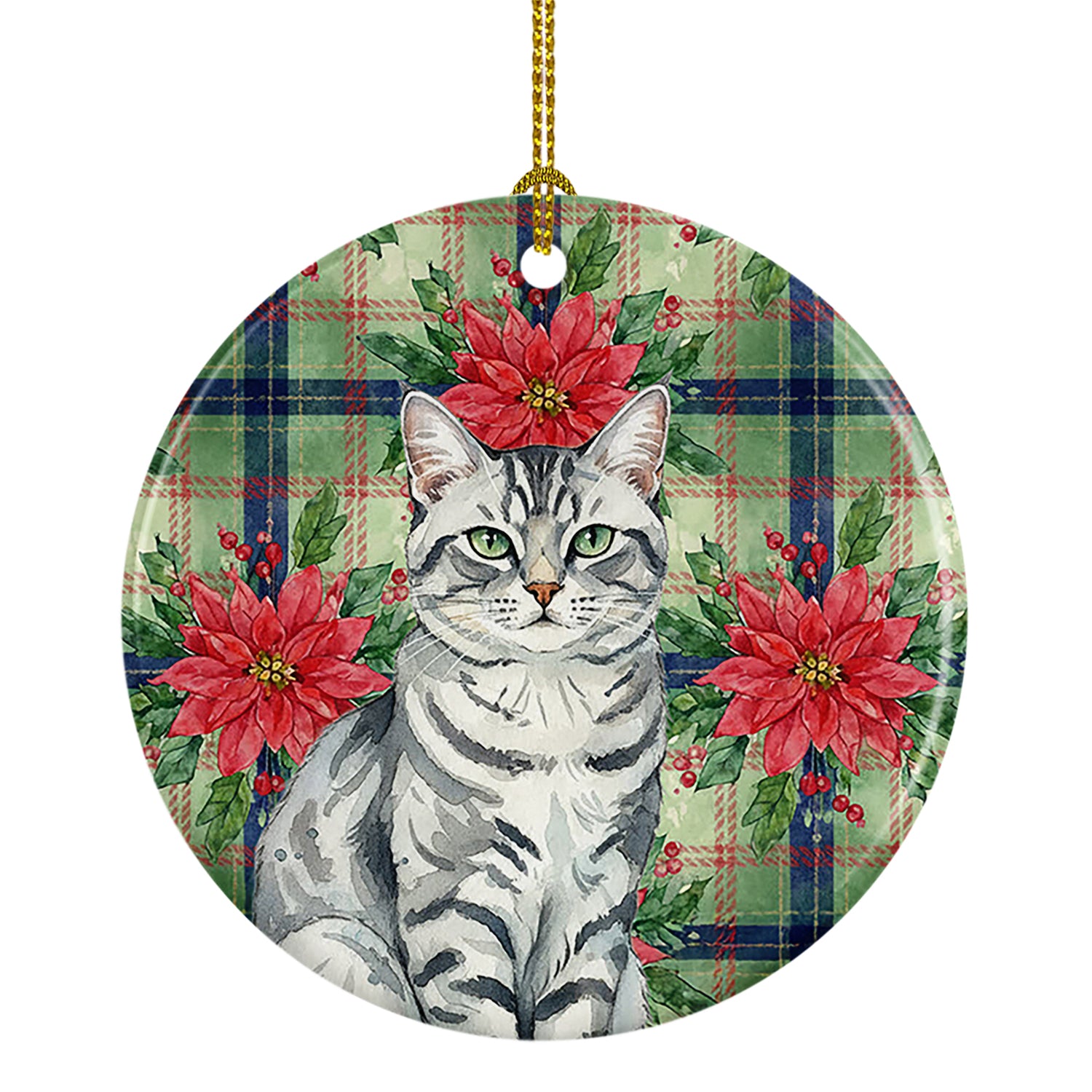 Caroline's Treasures Silver Classic Tabby Cat with Poinsettias Ceramic Ornament