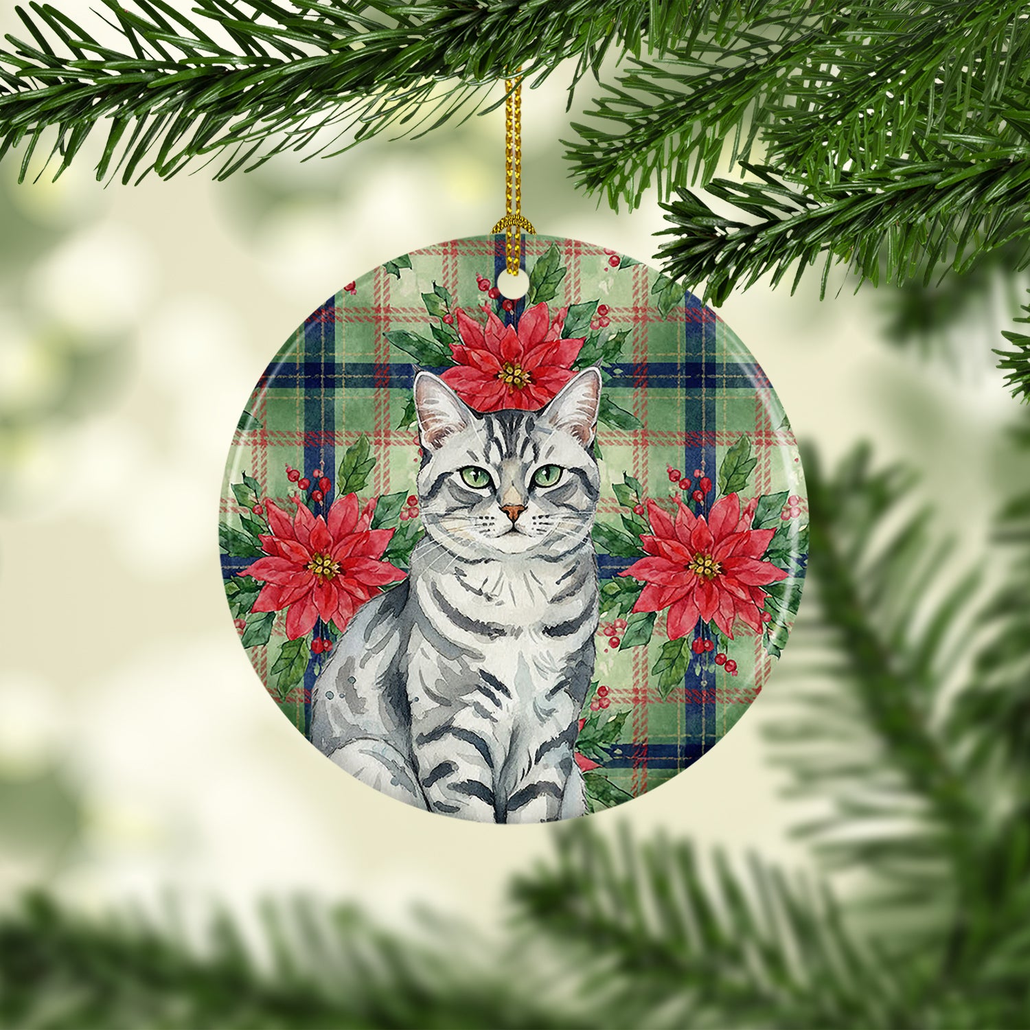 Caroline's Treasures Silver Classic Tabby Cat with Poinsettias Ceramic Ornament
