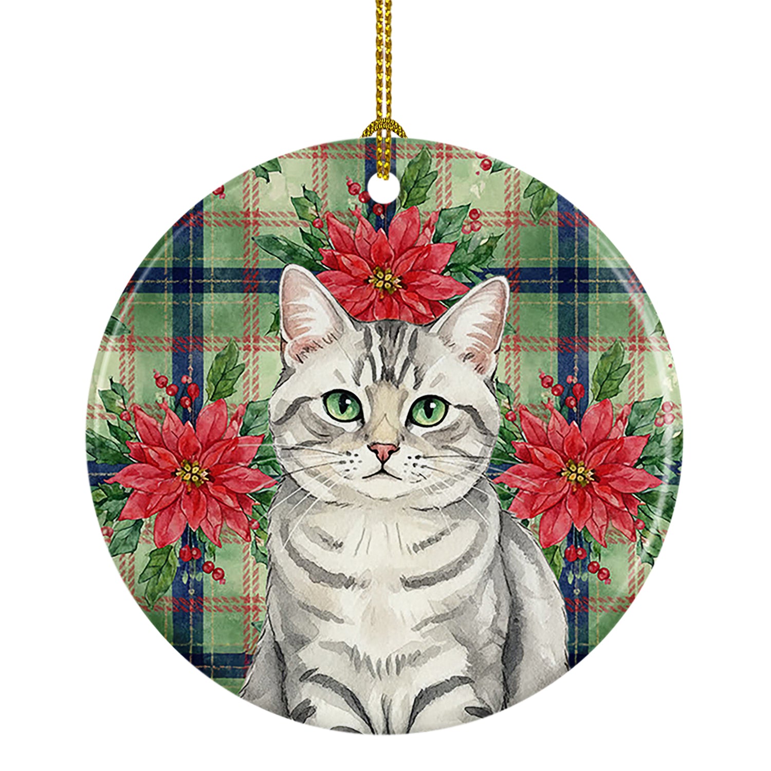 Caroline's Treasures Silver Mackerel Tabby Cat with Poinsettias Ceramic Ornament