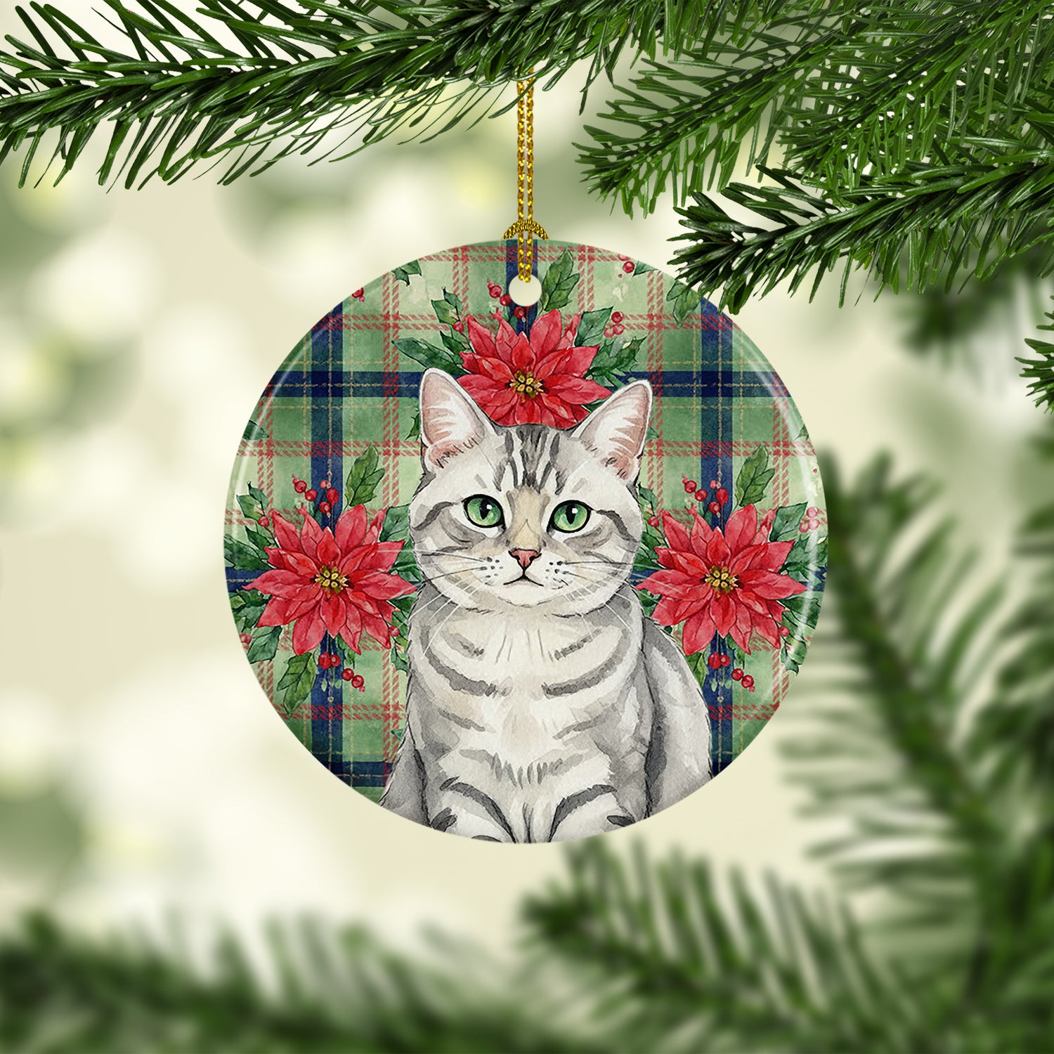 Caroline's Treasures Silver Mackerel Tabby Cat with Poinsettias Ceramic Ornament