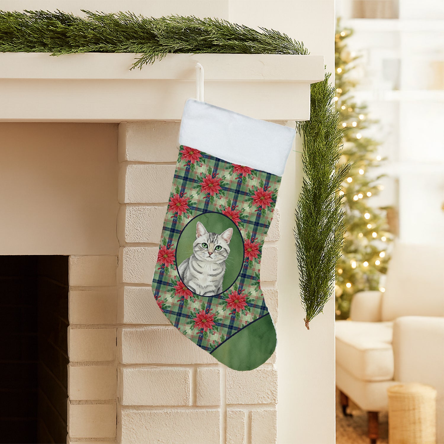 Caroline's Treasures Silver Mackerel Tabby Cat with Poinsettias Holiday Stocking