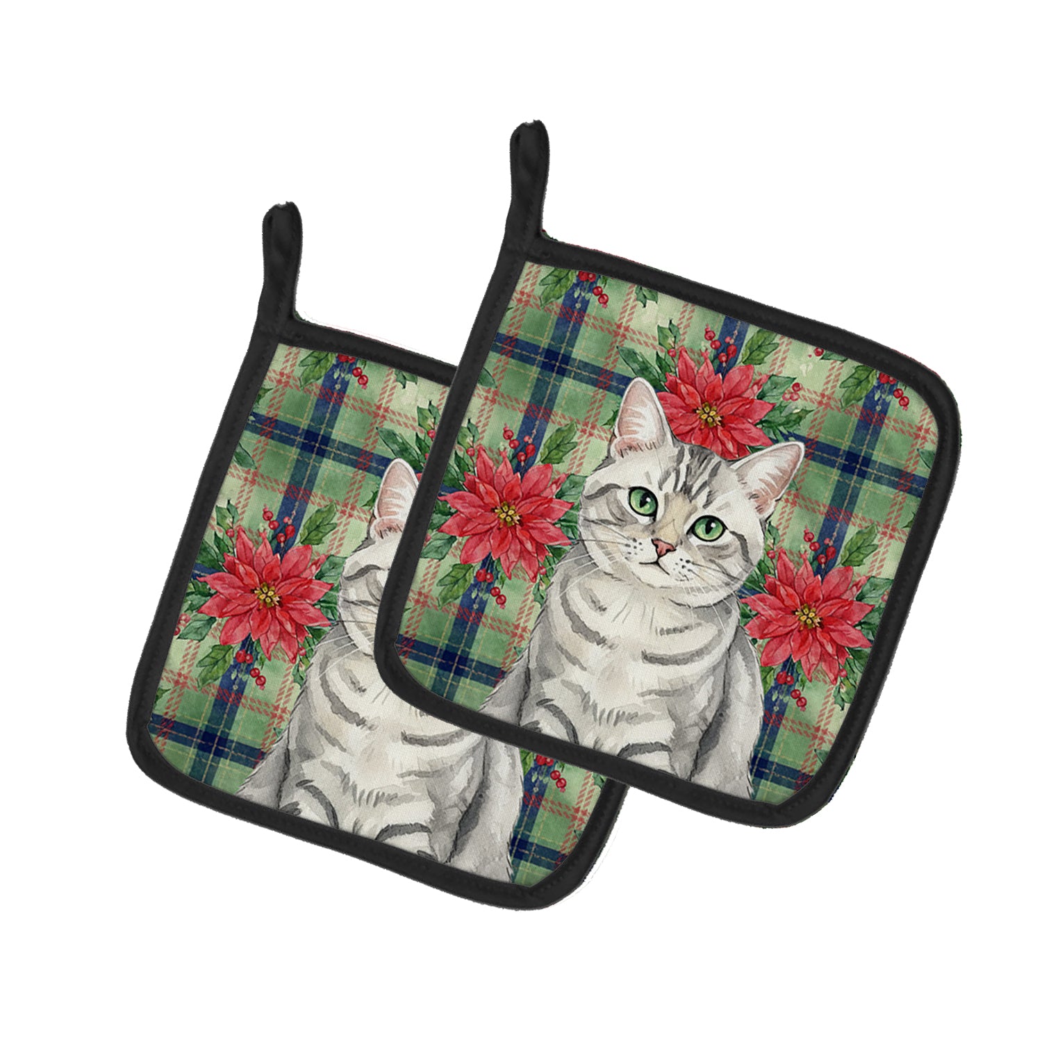 Caroline's Treasures Silver Mackerel Tabby Cat with Poinsettias Pair of Pot Holders