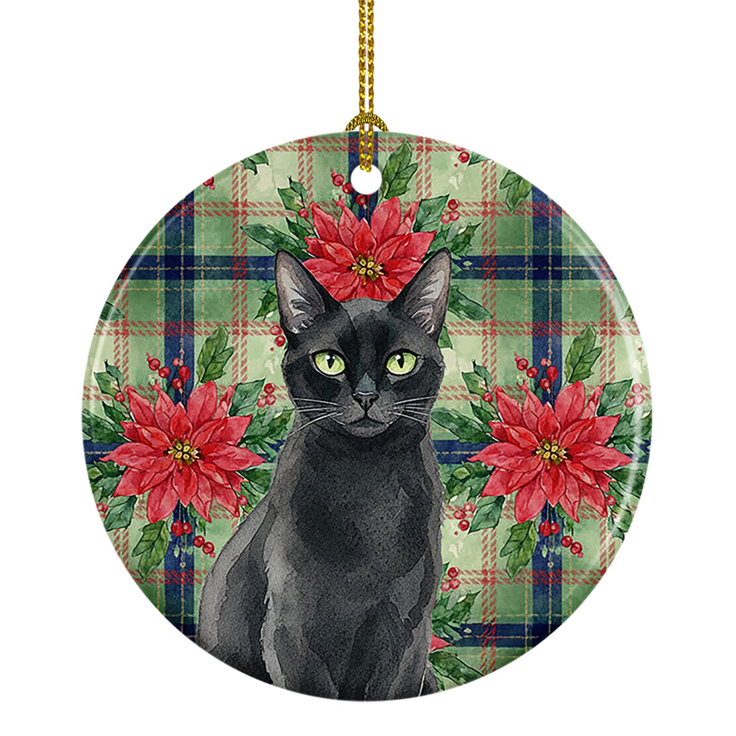 Caroline's Treasures Solid Black Cat with Poinsettias Ceramic Ornament