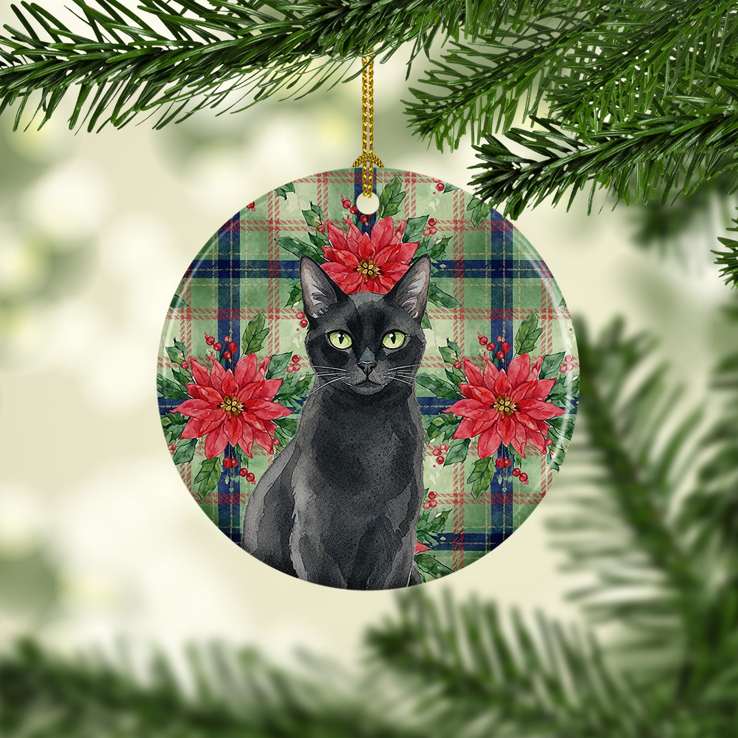Caroline's Treasures Solid Black Cat with Poinsettias Ceramic Ornament