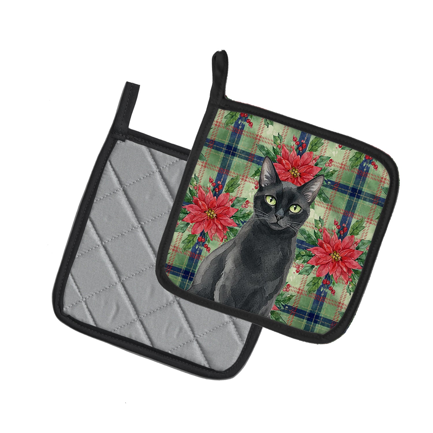 Caroline's Treasures Solid Black Cat with Poinsettias Pair of Pot Holders