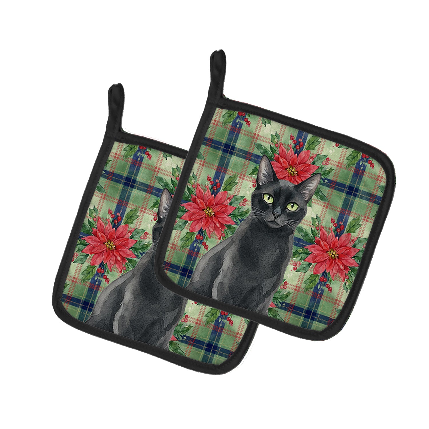 Caroline's Treasures Solid Black Cat with Poinsettias Pair of Pot Holders