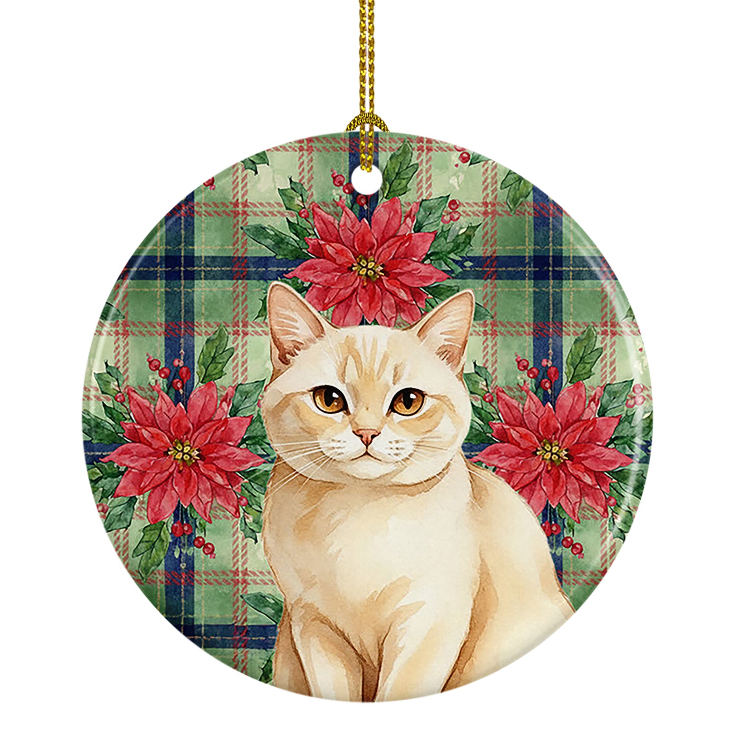Caroline's Treasures Solid Cream Cat with Poinsettias Ceramic Ornament