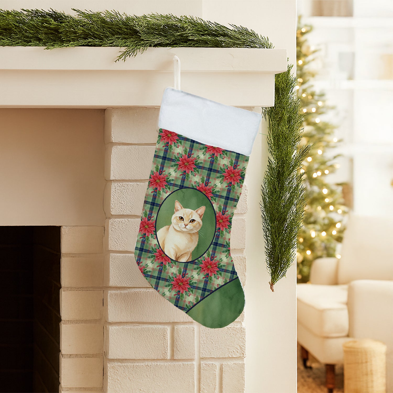 Caroline's Treasures Solid Cream Cat with Poinsettias Holiday Stocking
