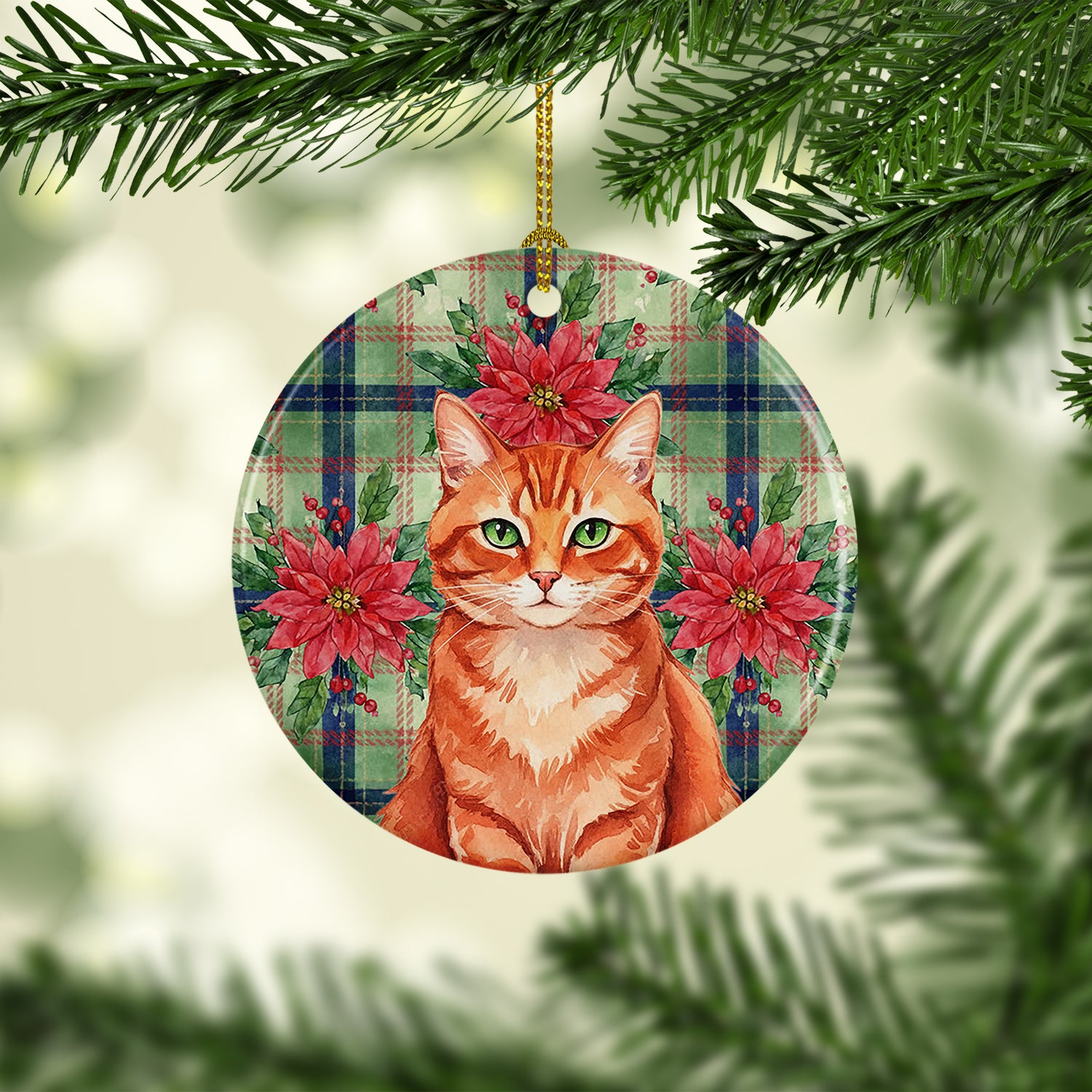 Caroline's Treasures Solid Red Ginger Cat with Poinsettias Ceramic Ornament