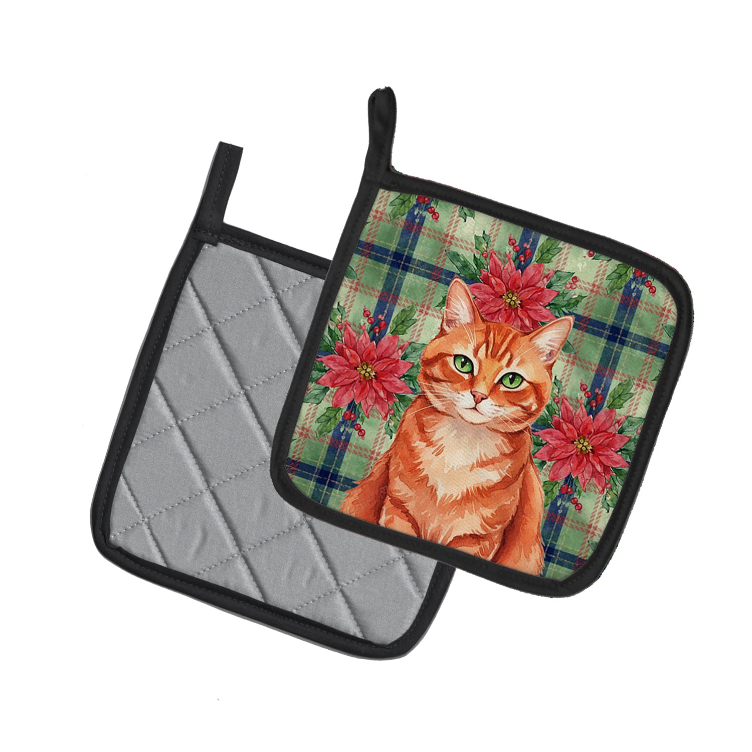 Caroline's Treasures Solid Red Ginger Cat with Poinsettias Pair of Pot Holders
