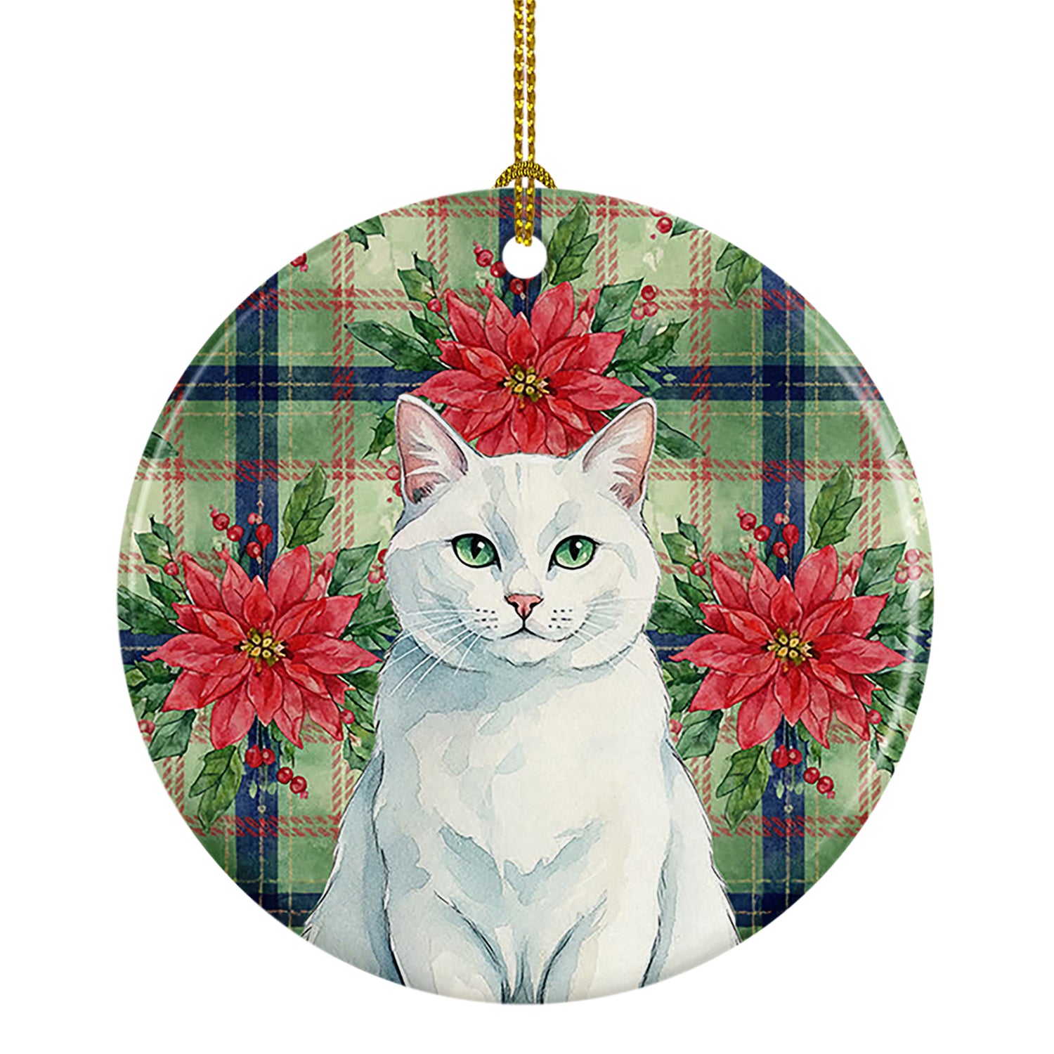 Caroline's Treasures Solid White Cat with Poinsettias Ceramic Ornament