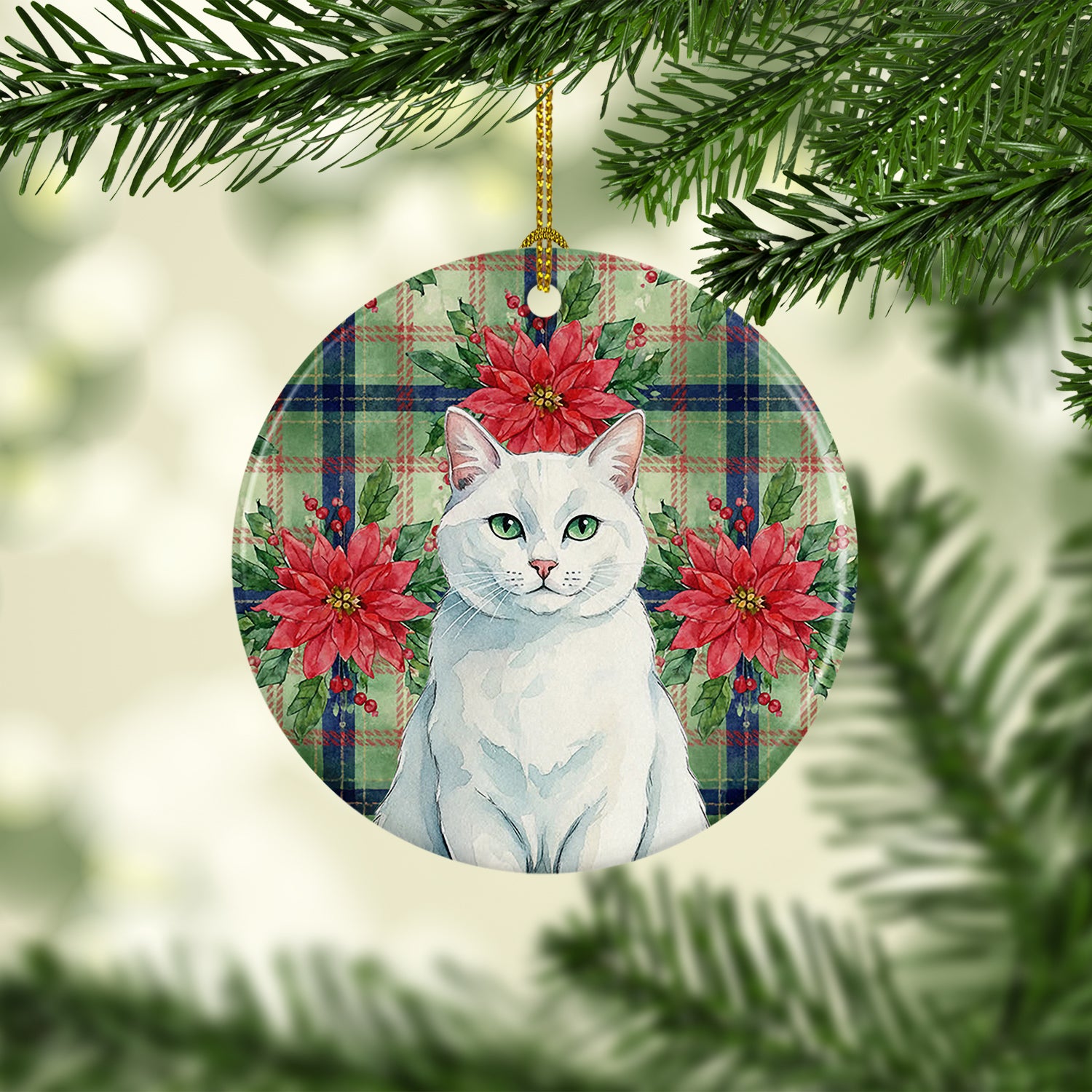 Caroline's Treasures Solid White Cat with Poinsettias Ceramic Ornament