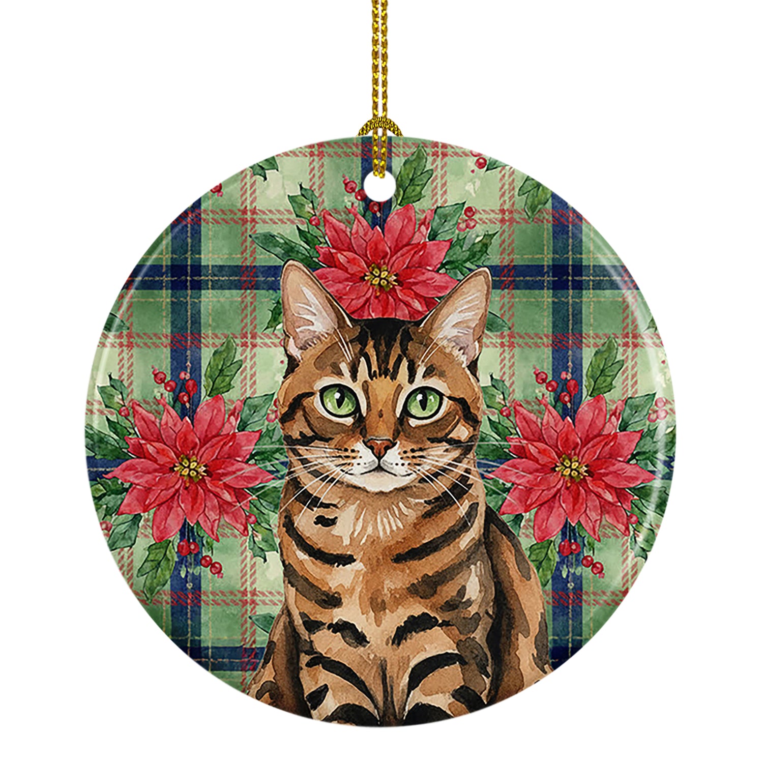 Caroline's Treasures Spotted Tabby Brown Cat with Poinsettias Ceramic Ornament