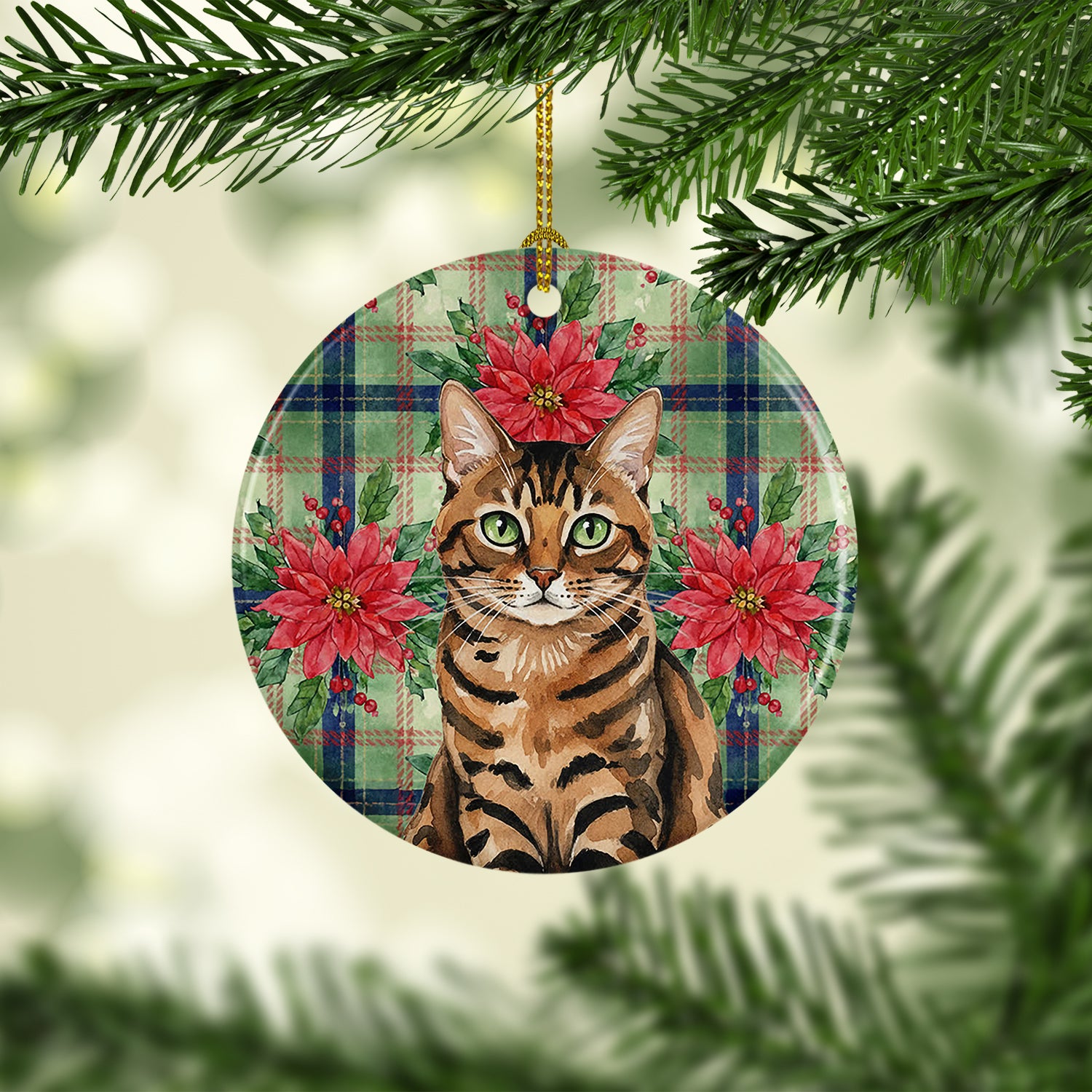 Caroline's Treasures Spotted Tabby Brown Cat with Poinsettias Ceramic Ornament